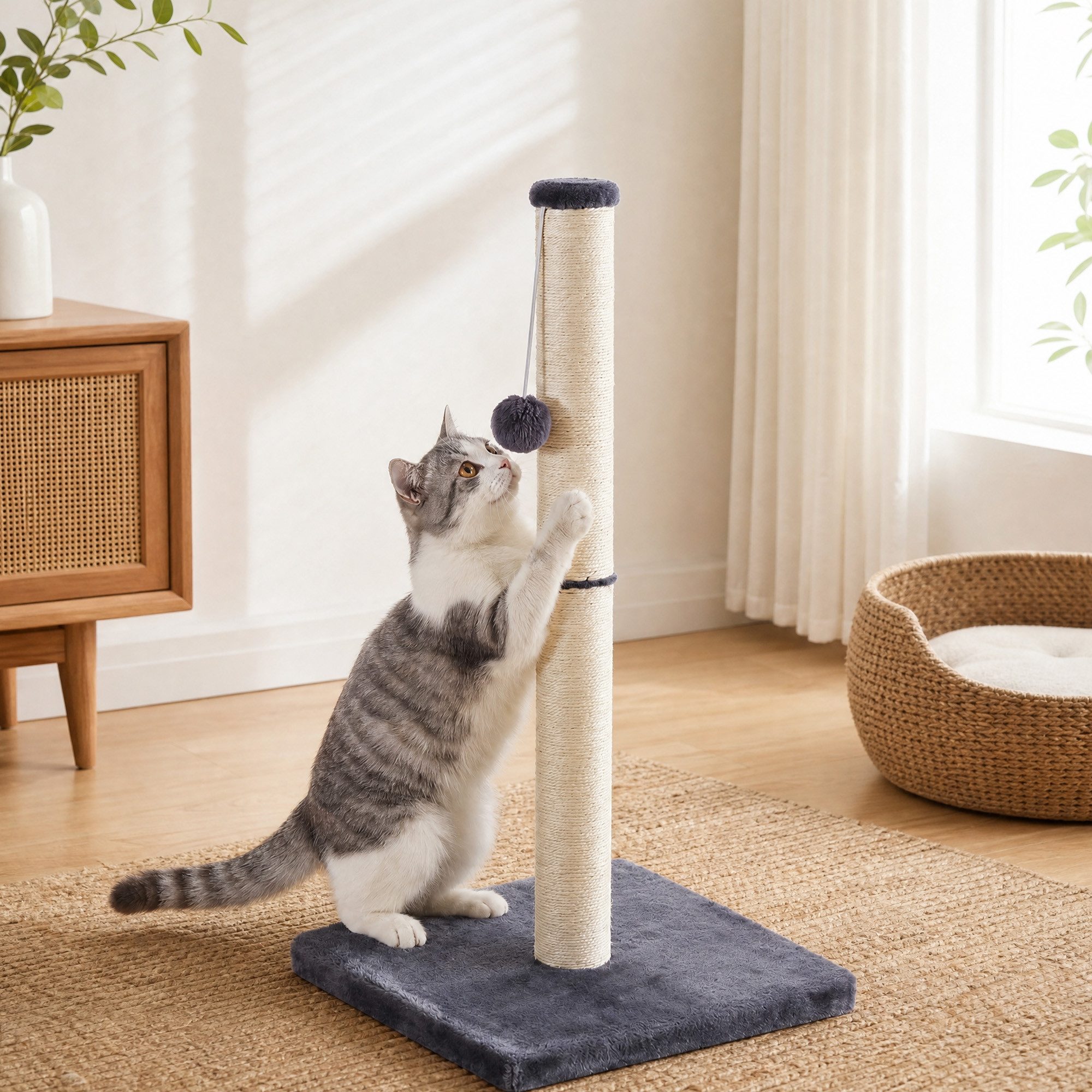 FEANDREA Kratzbaum aus Natürlichem Sisal mit Spielzeug, Möbelschutz für Große Katzen, 84 cm Hoher Stabiler Kratzbaum, 40 x 40 x 84 cm