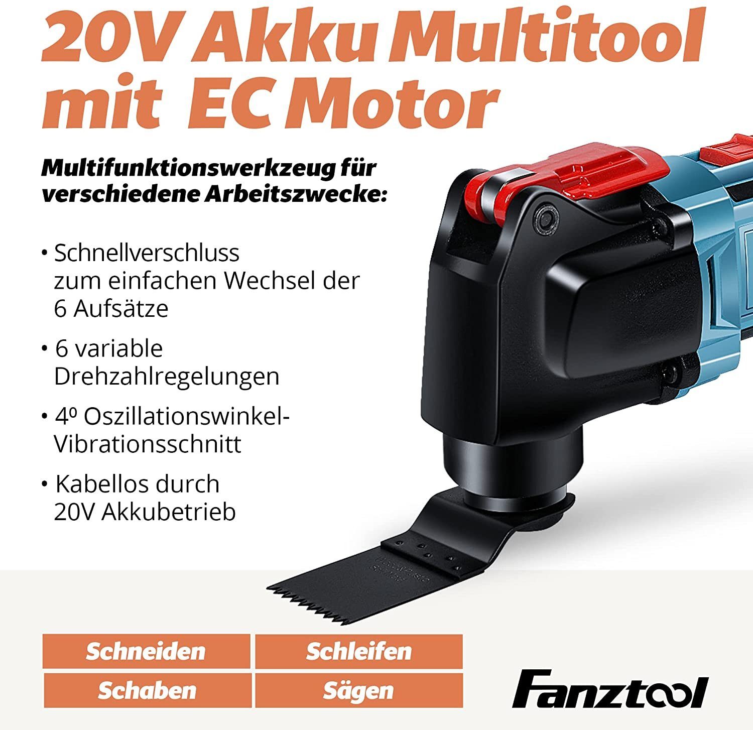 Multitool 20V EC Multifunktionswerkzeug, Fanztool (Set) Akku FANZTOOL Motor,