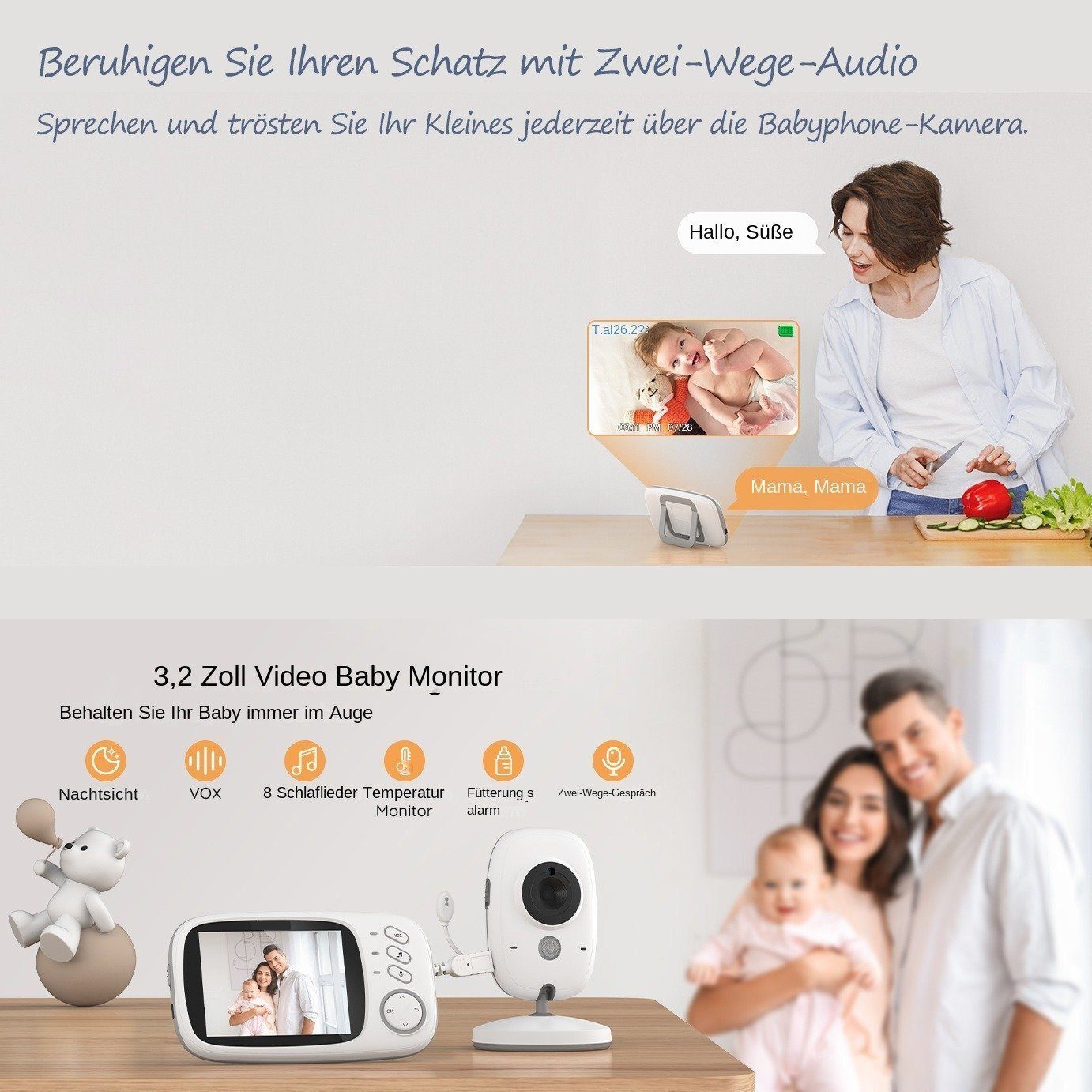Infrarot-Nachtsicht, Temperaturanzeige, Gegensprechfunktion 3.2-Zoll-LCD-Bildschirm, Extra Großer Babyphone Kamera, mit Zwei-Wege-Audio, Video-Babyphone Schlaflieder, BUMHUM