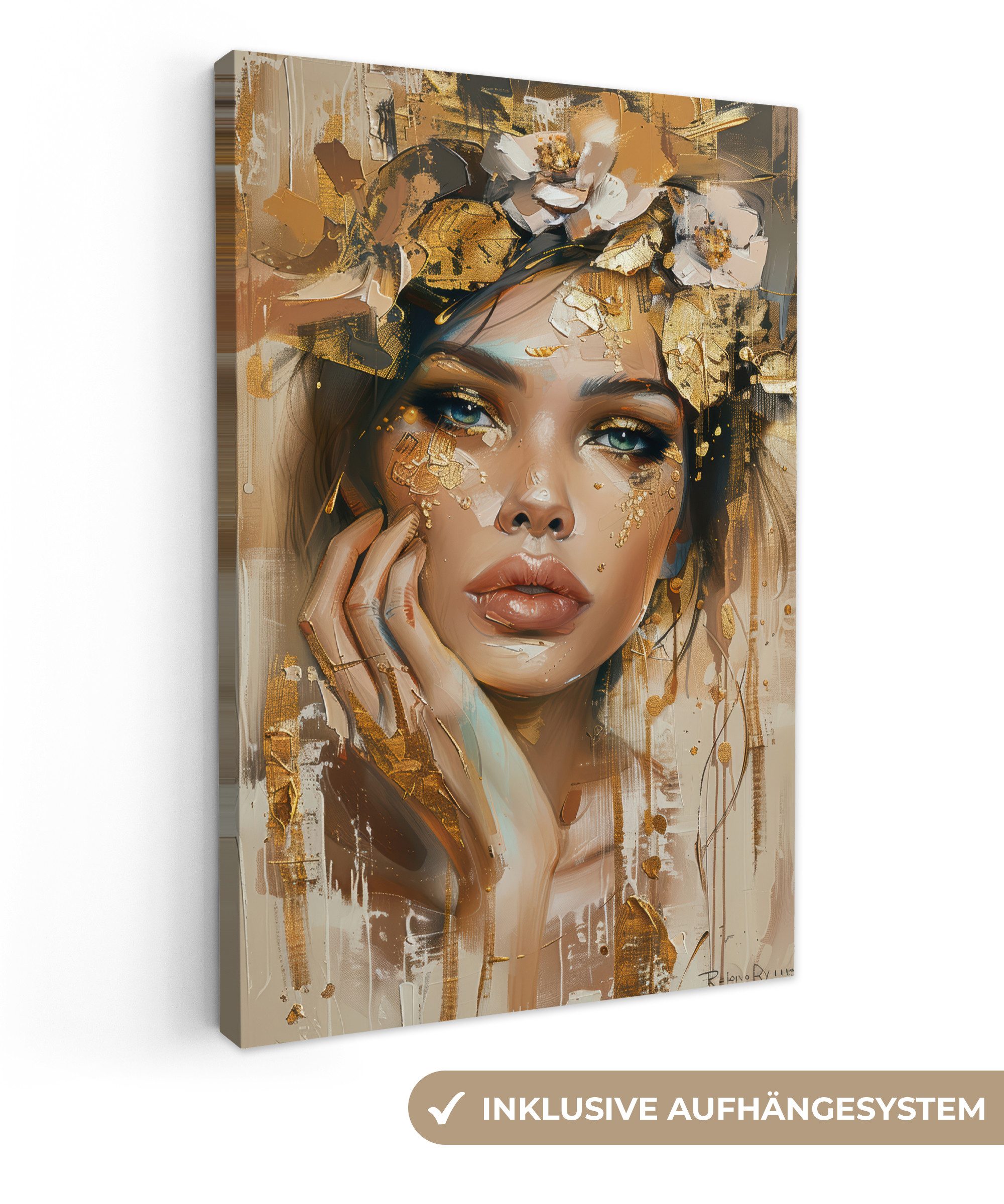 OneMillionCanvasses® Leinwandbild Frau - Blumen - Gold - Porträt, Fotodruck günstig online kaufen