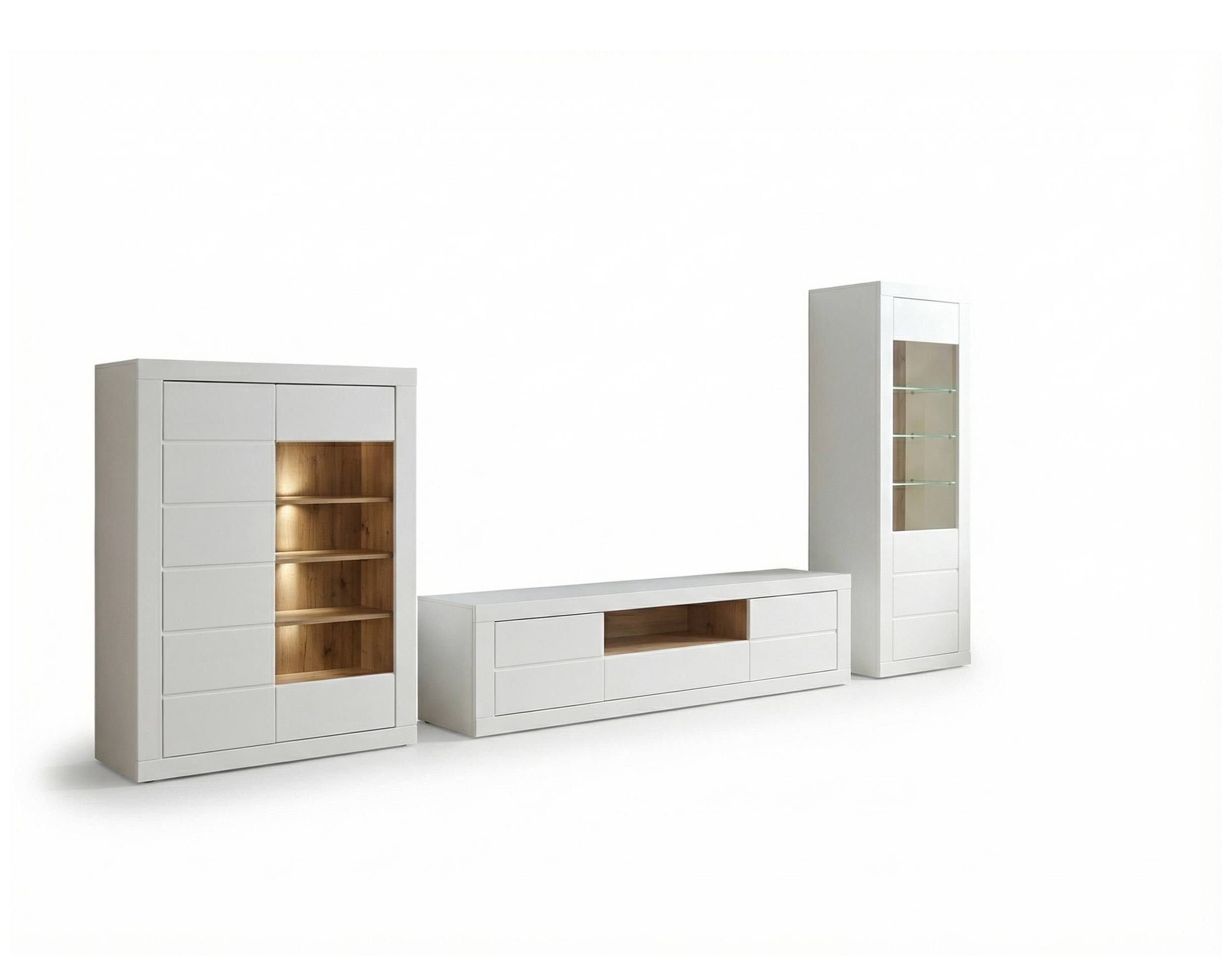 FORTE Wohnzimmer-Set Wohnwand LEFKADAS 3-tlg. Dekor Weiß / Mauvella Eiche von Forte, (Set, 3-St., 1x Vitrine, 1x Lowboard, 1x Highboard)