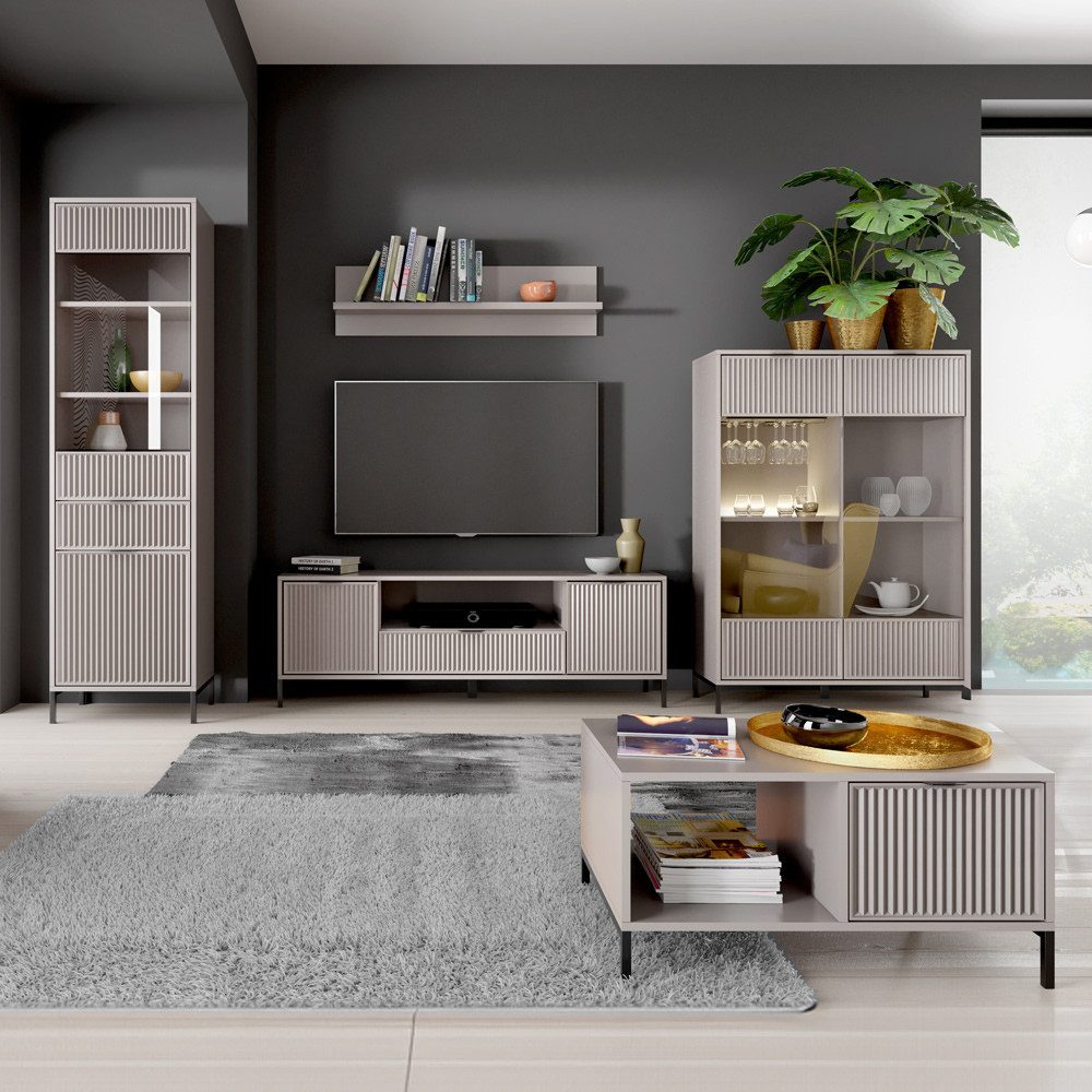 Lomadox Wohnwand LAURO-161, (5-St., Kommode Vitrine Wandregal Lowboard Highboard Couchtisch), Wohnzimmer Set Kaschmir beige modern mit Rillenoptik und Beleuchtung