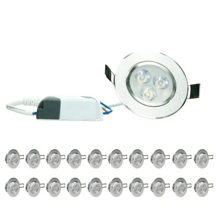 ECD Germany LED Einbaustrahler 20x LED Einbaustrahler Leuchte 3W Kaltweiß
