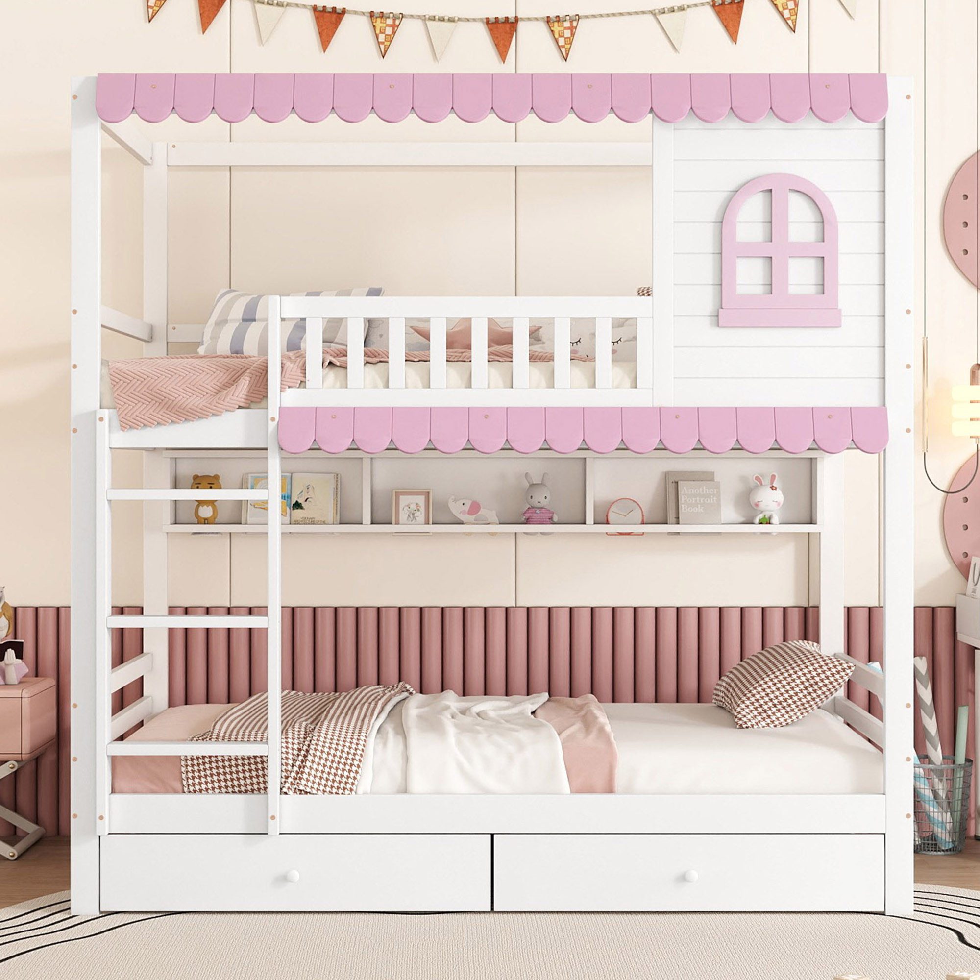 Flieks Etagenbett, Kinderbett 90x200cm mit offenen Regal und 2 Schubladen m günstig online kaufen