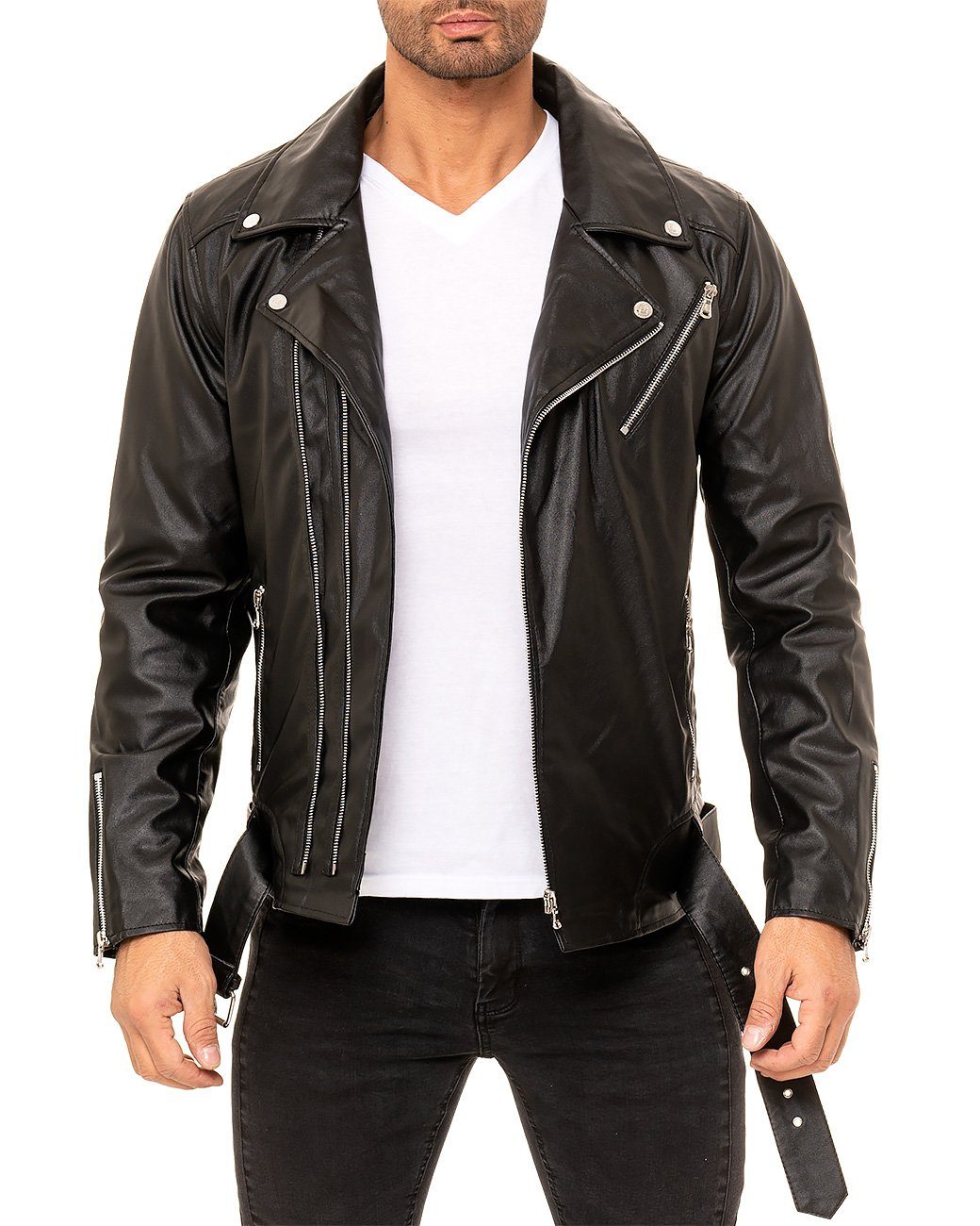 Reichstadt Bikerjacke Herren Slim Fit Echtlederjacke Silver Zipper 19RS018 mit Button-down-Kragen