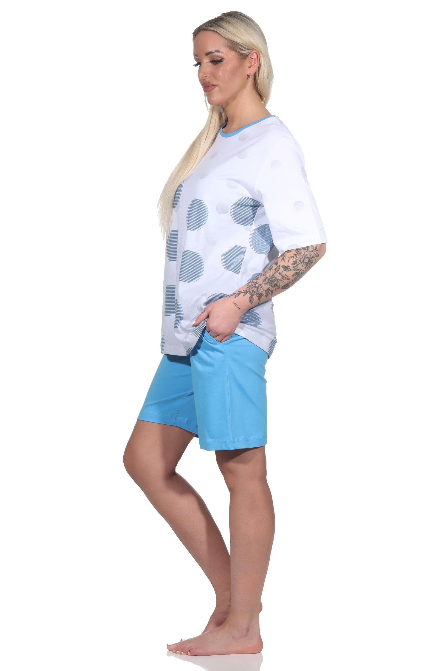 Übergrößen - Damen kurzarm Normann Pyjama blau auch in Optik in Punkte Shorty Schlafanzug