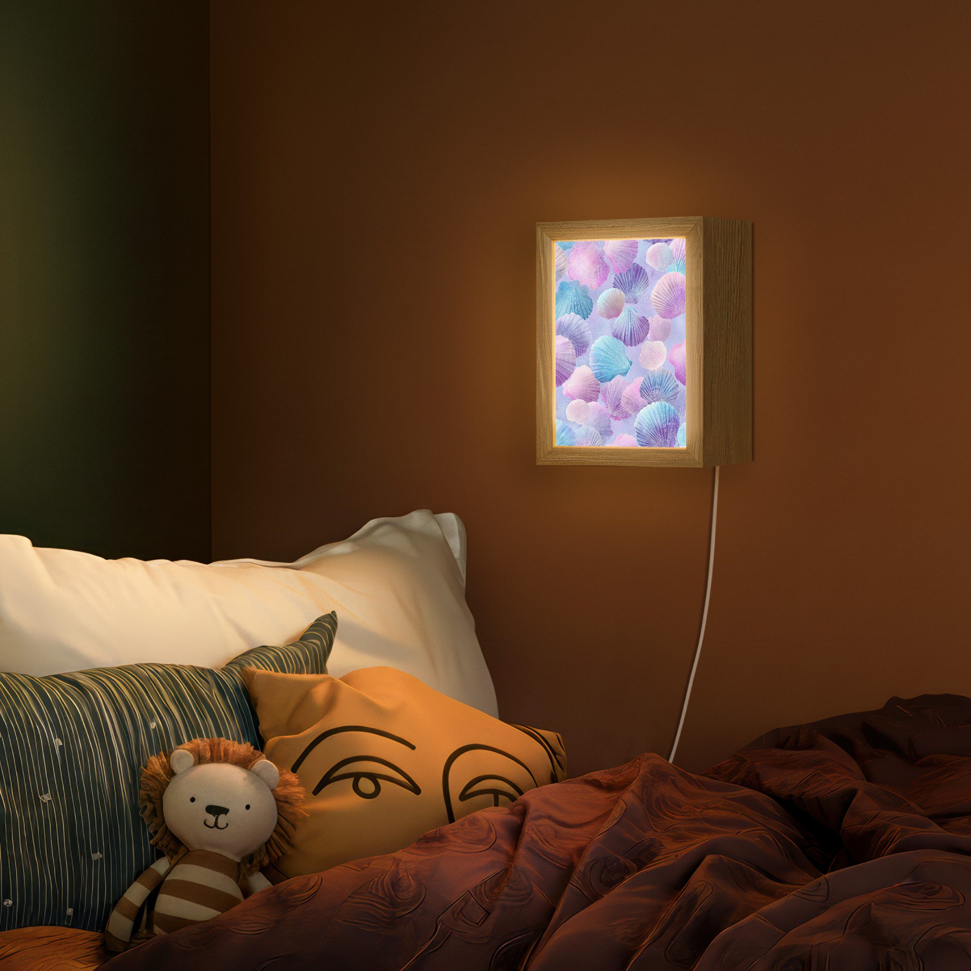 OnlyWow Wandleuchte Lightbox Muscheln - Lila - Blau - Muster - Mädchen, Dimmbar, Farbwechsel, LED, Warmweiß, Kaltweiß, Neutralweiß Einstellbar, Wandlampe Innen, Dimmbar, mit Kabel, LED, Beleuchtung, Kinderzimmer