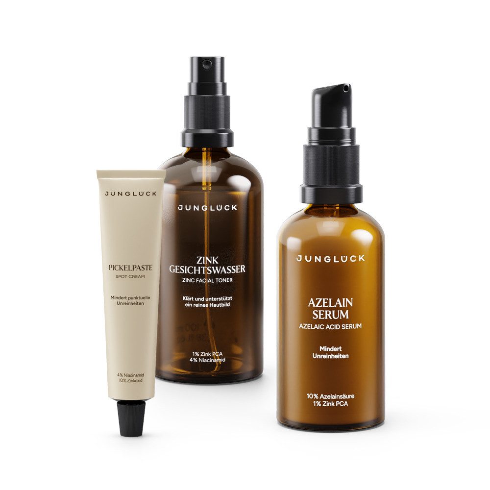 JUNGLÜCK Hautpflege-Set Bye Bye Pickel Trio, 1-tlg., dein Trio aus Zink Gesichtswasser, Azelain Serum und Pickelpaste