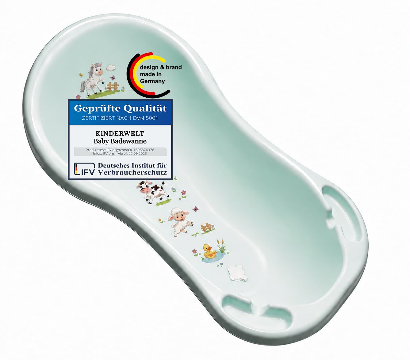 KiNDERWELT Babybadewanne Premium Funny Farm aquamarin XXL + Ablaufstöpsel, mit Ablaufstöpsel