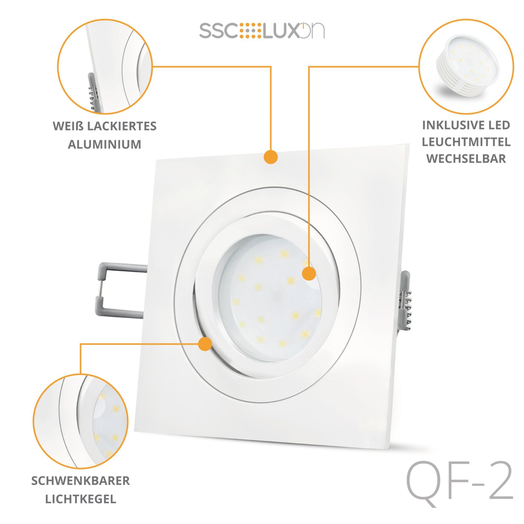 SSC-LUXon LED Einbaustrahler QF-2 LED 5W, LED & Einbauleuchte Warmweiß mit weiss, schwenkbar Modul flach