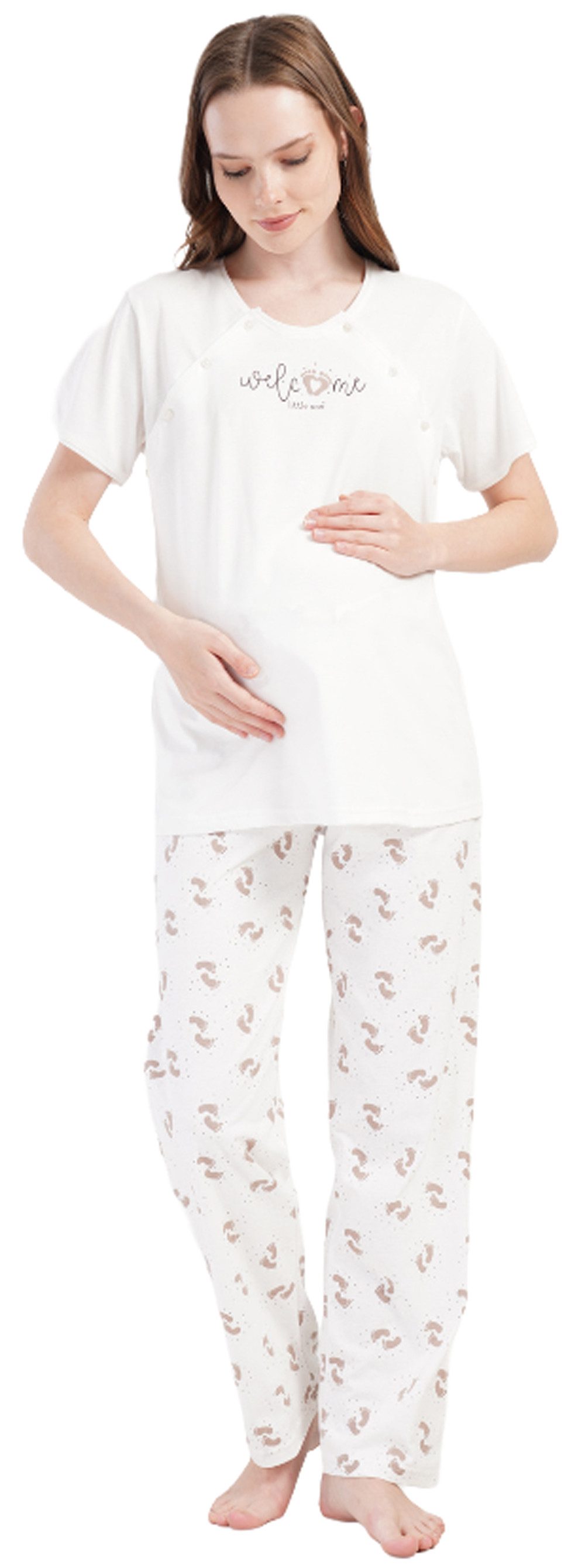 Vienetta Schlafanzug Joyful Journey (Set, 2 tlg., 2-teilig) Damen Pyjama 2-teilig Kurzarm Stillfunktion Knöpfe Baumwolle