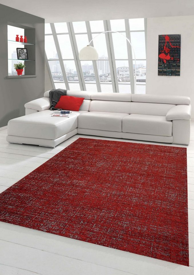 Outdoorteppich Teppich Wohnzimmer Teppich Kurzflor Baumwollteppich in rot  grau, Teppich-Traum, rechteckig, Höhe: 9 mm