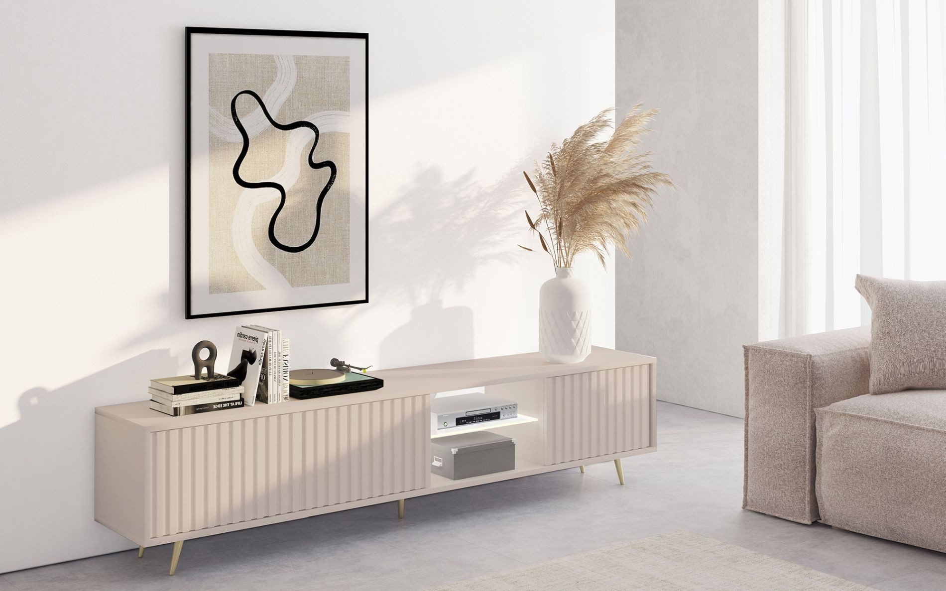 Selsey TV-Schrank BELLO mit goldenen Füßen, Lamellenfronten und LED, 175 cm
