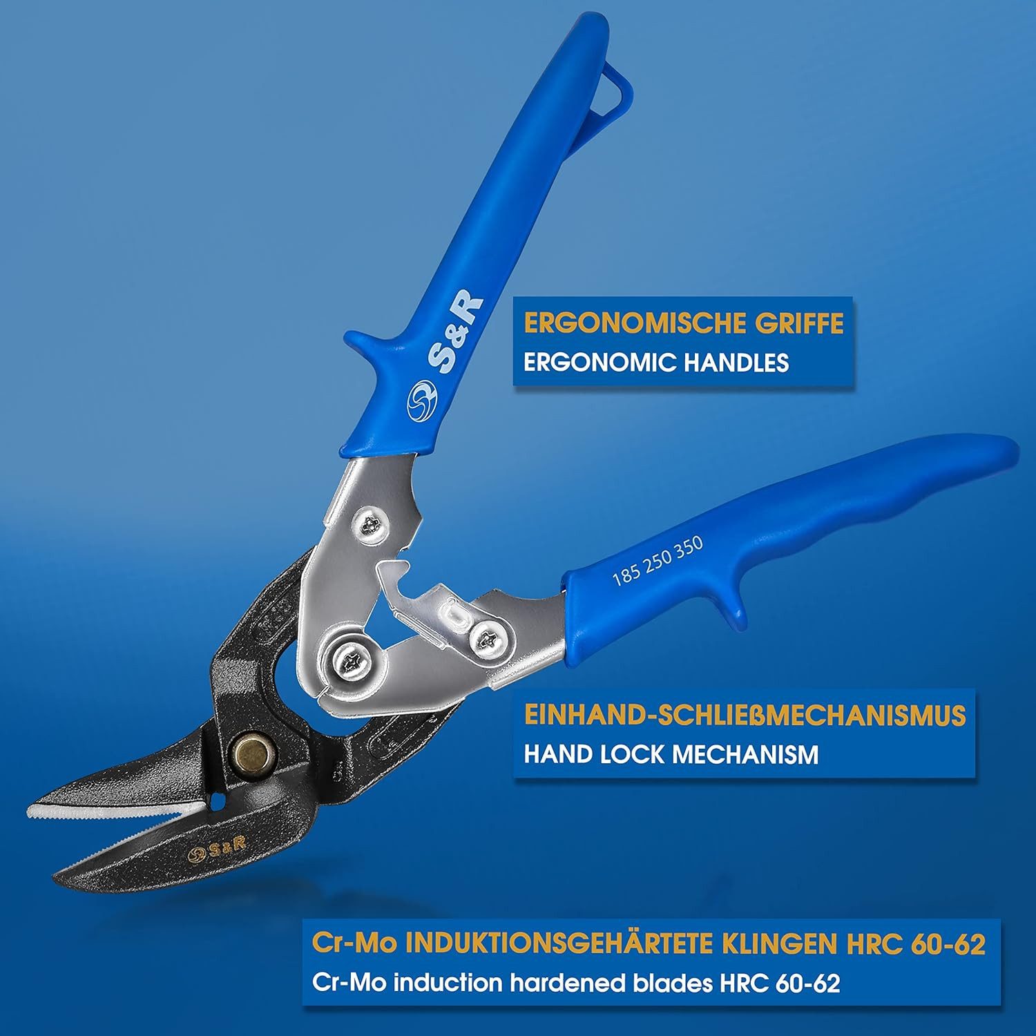 S&R Blechschere in Profi-Qualität Hochleistungsschere Ideal-Serie, stark und wendig, (1-tlg), Linksschnitt, 260 mm, Durchlaufschere für Blech mit doppeltem Hebe – Bild 3 von 5