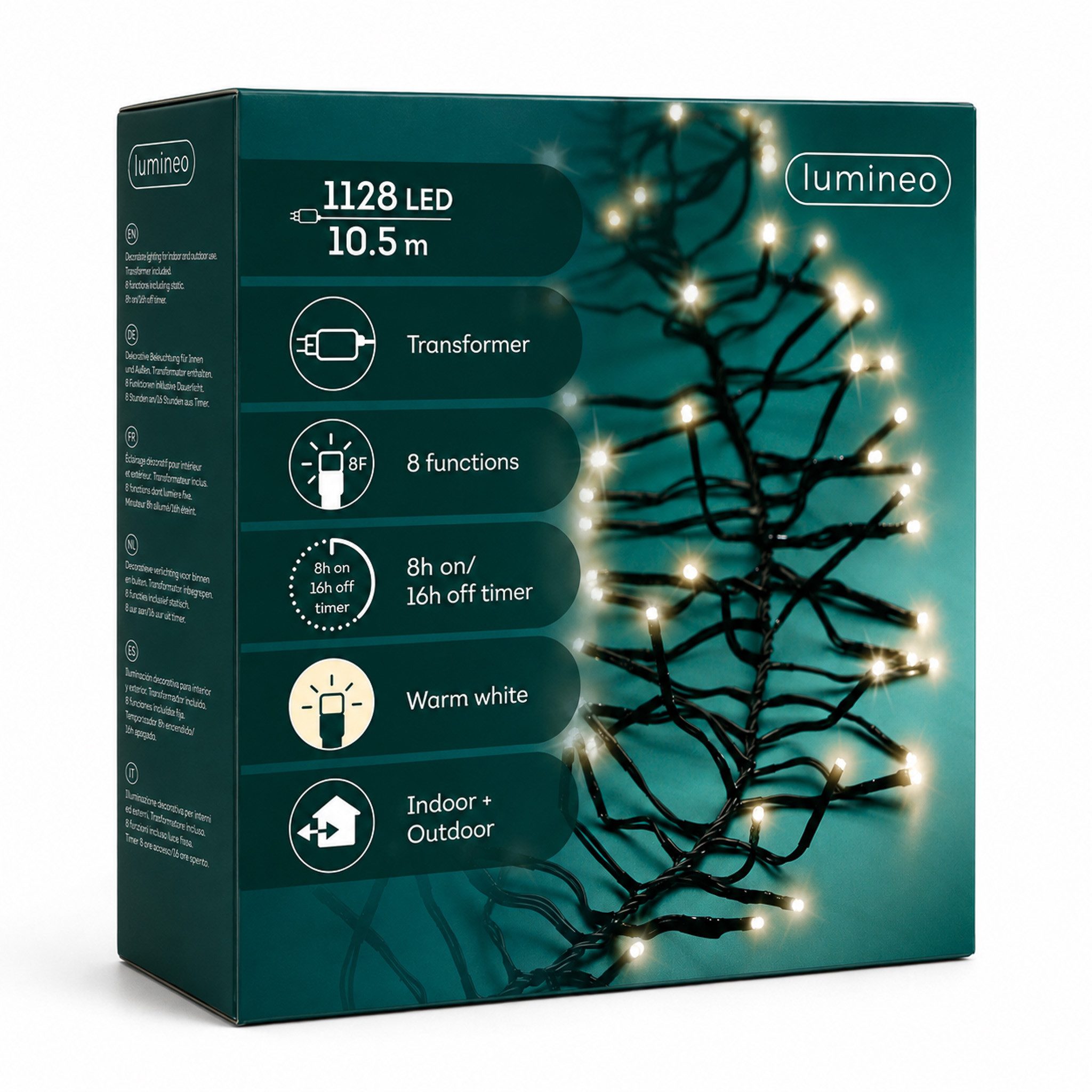 Lumineo LED-Lichterkette, LED Cluster Lichterkette 10,5m mit Trafo 1128 LEDs Warmweiß / Schwarz