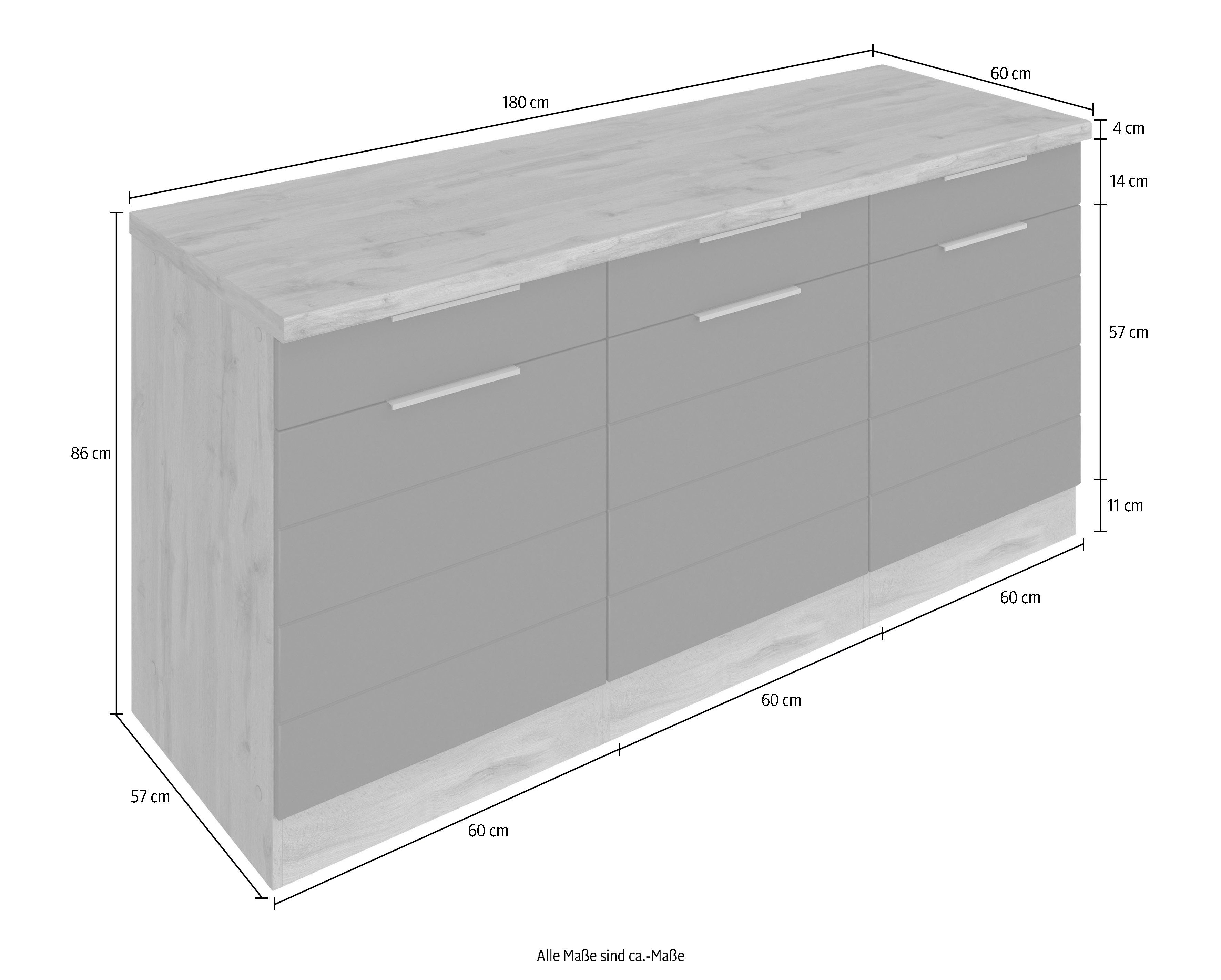 HELD MÖBEL Unterschrank Luhe 180 MDF-Fronten viel cm | mit grau Stauraum, wotaneiche für waagerechter Matt/wotaneichefarben breit, Lisene