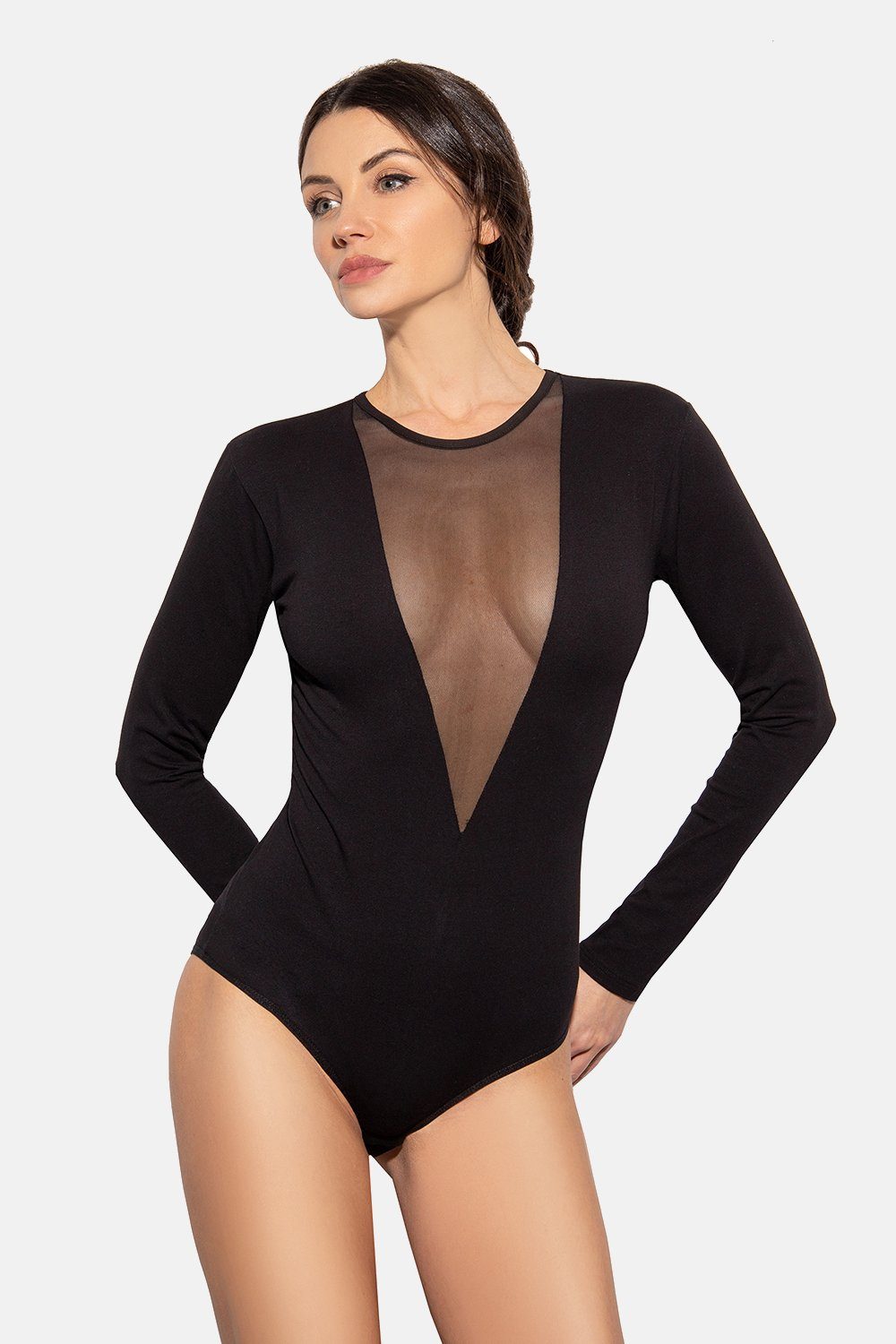 Evoni Body Damen Langarmbody V-Dekollete Tüll Blickdicht