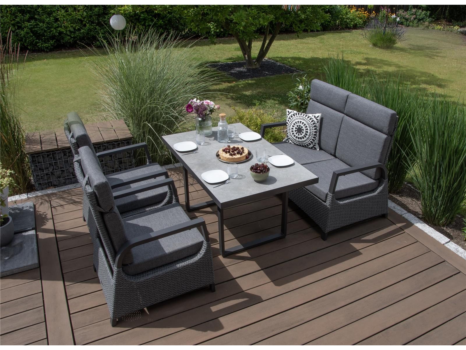 Green Spirit Gartenlounge-Set »Montana« Gartenmöbel Set Alu Garnitur Outdoor Gruppe Essgruppe, (Set, 4-tlg., 1x 2-Sitzer Sofa, 2x Sessel, 1x Tisch, inkl. Auflagen), Aluminium, grau, für 4 Personen, wetterfest, Garten, Terrasse, Balkon