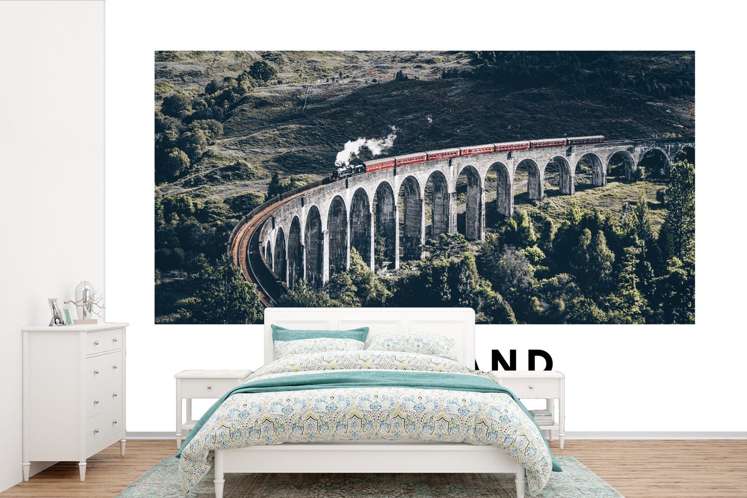 MuchoWow Fototapete Schottland - Zug - Vintage - Brücke, Matt, bedruckt, (6 St), Wallpaper für Wohnzimmer, Schlafzimmer, Kinderzimmer, Vinyl Tapete
