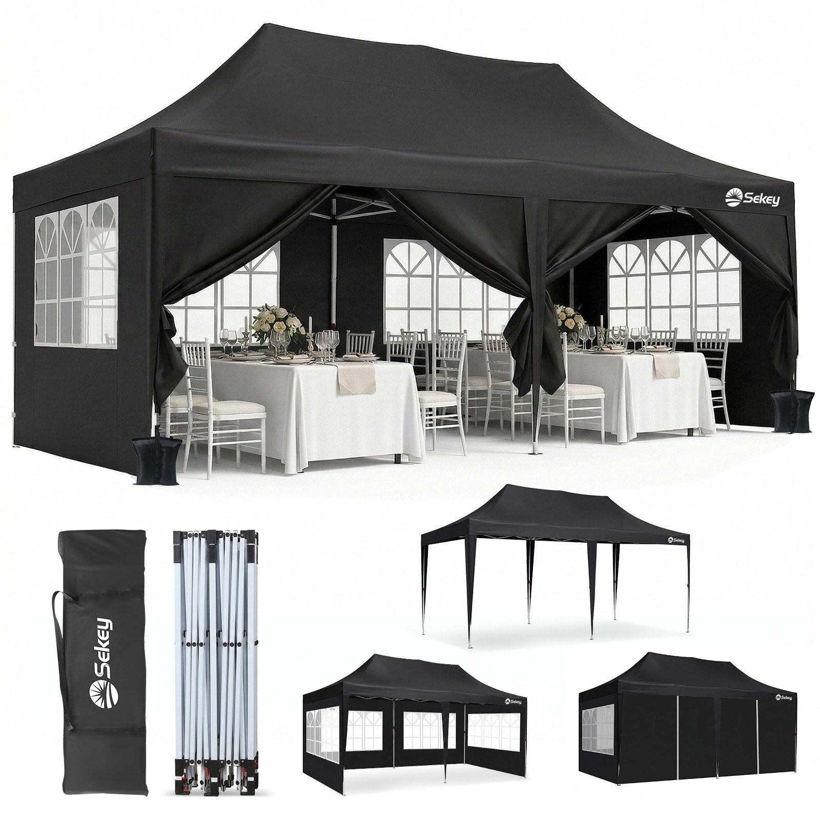 Sekey Faltpavillon Pavillons 3x6 m Partyzelte Gartenzelt Festzelt, Gartenpavillon mit 4 Seitenteilen und 2 Eingängen, Wasserdicht & UV50+