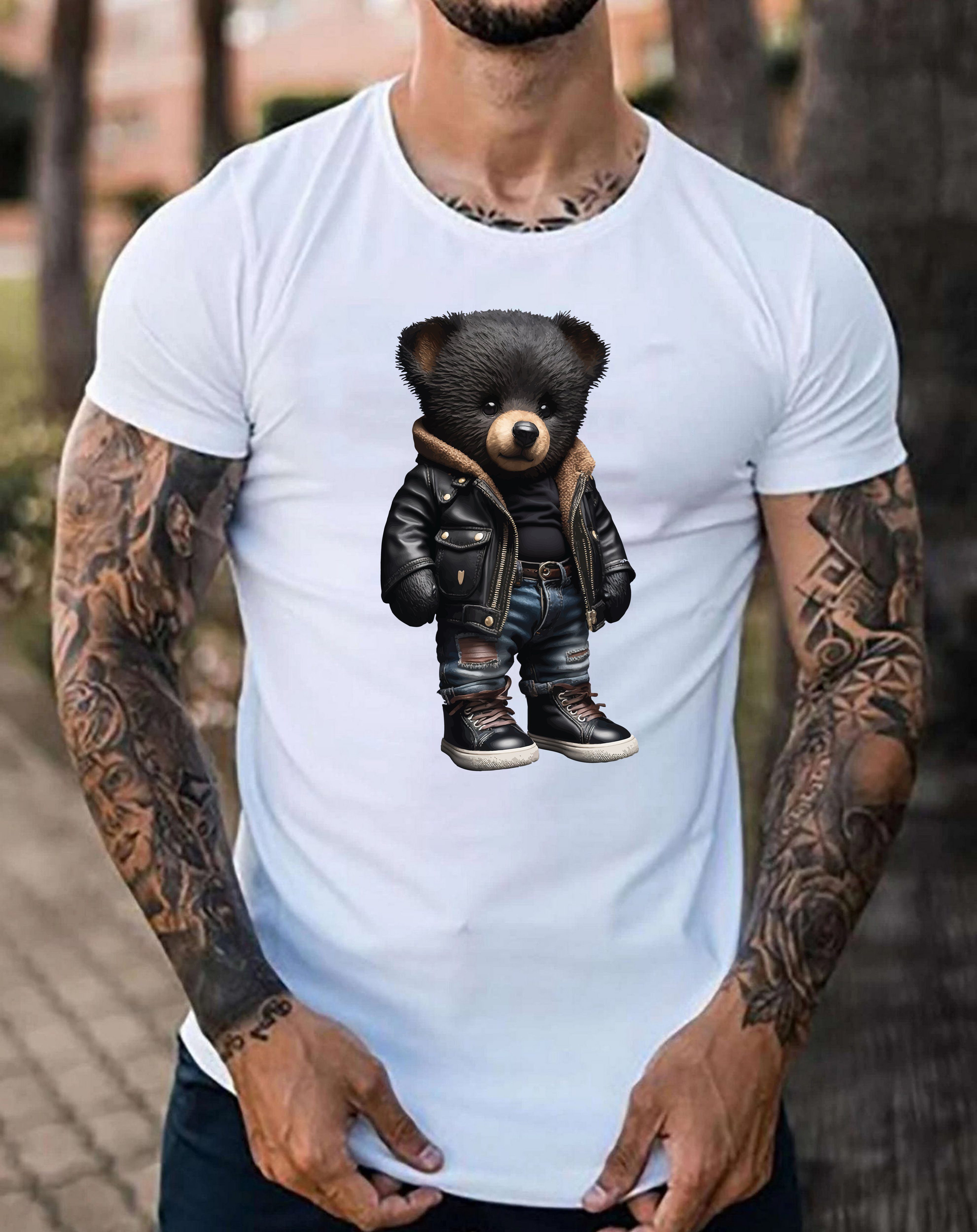 Rundhals Gangster Print, Basic mit Unifarbe, aus Bär mit RMK Teddybär Baumwolle RMK in Herren T-Shirt lizenziertem T-Shirt T-Shirt Weiß