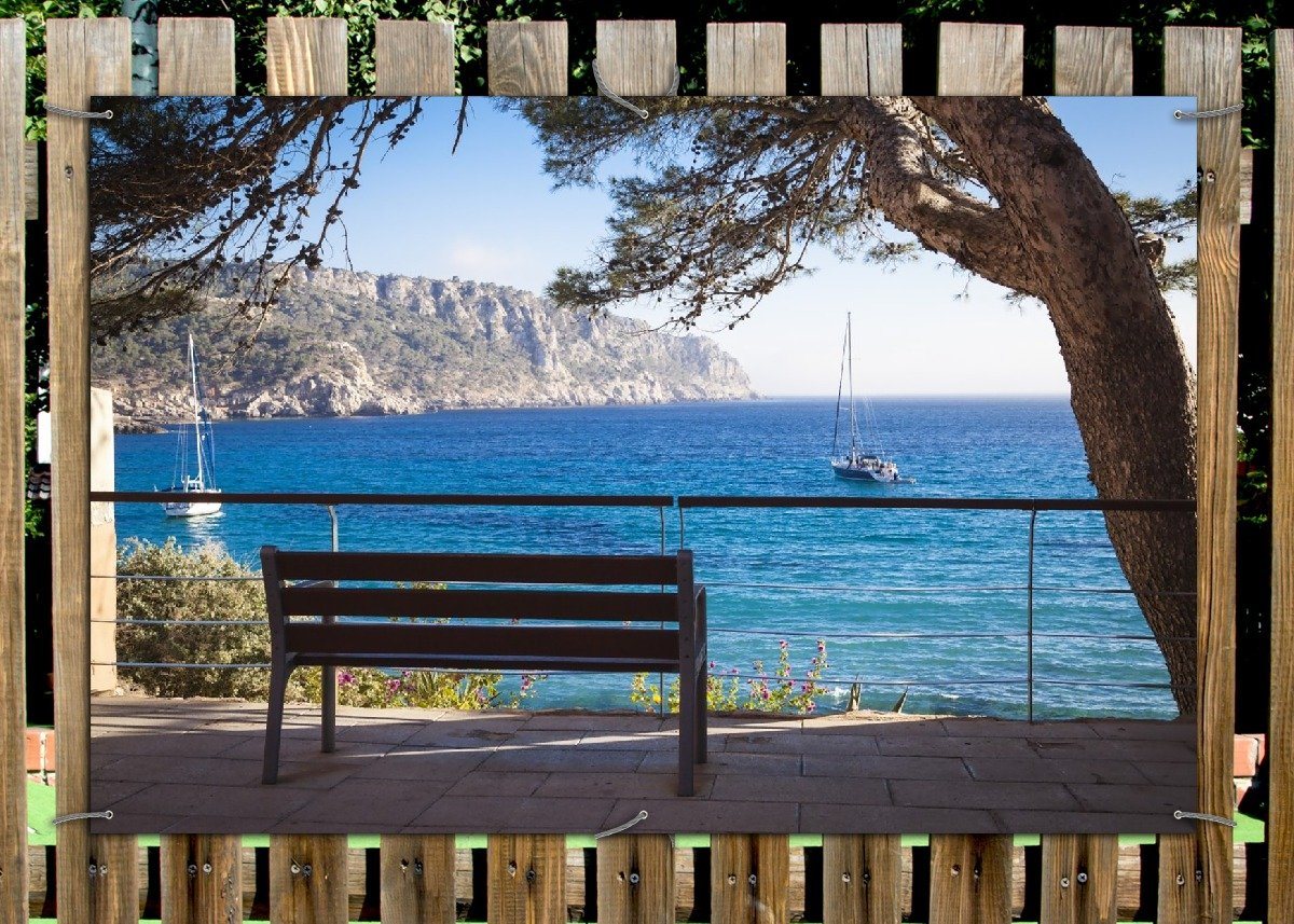 Thumbnail - Wallario Sichtschutzzaunmatten Einsame Bank am Meer - Spanien im Sommer