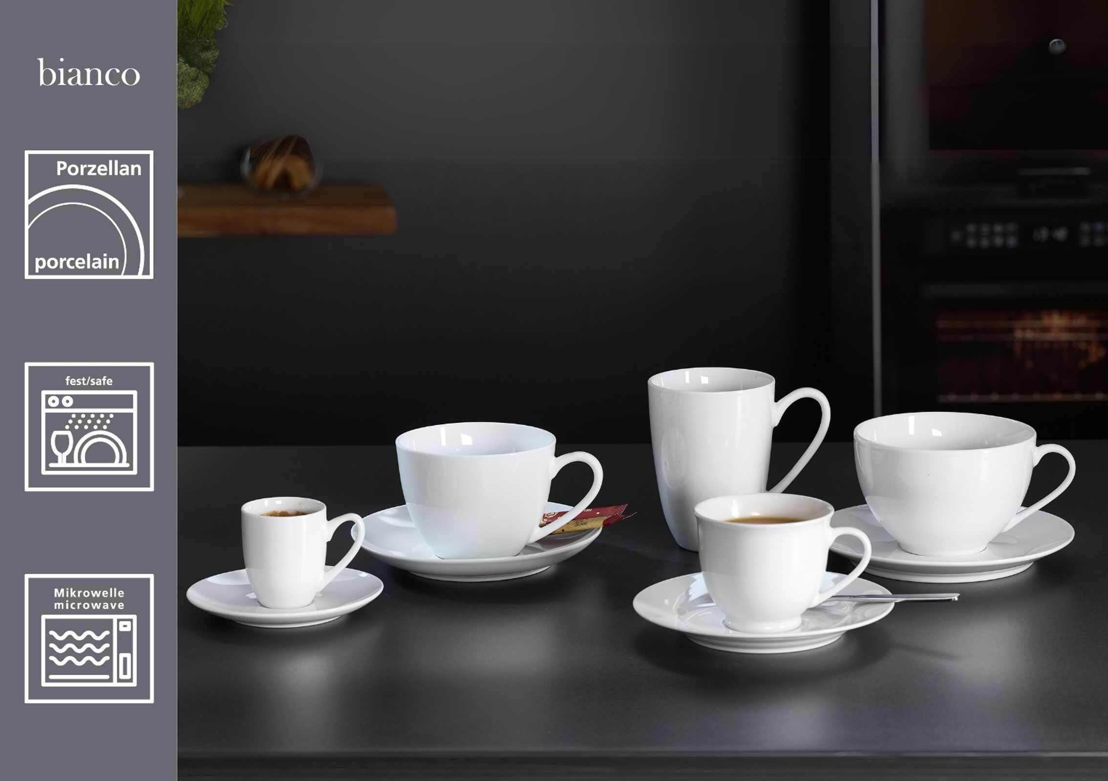 Ritzenhoff & Breker Tasse Bianco Rondo Kaffeetassen mit Untertassen 180 ml, 6-tlg., Porzellan