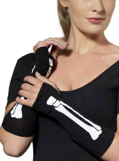 Smiffys Kostüm Knochen Design Handschuhe, Handschuhe ohne Finger, dafür mit Knochen ...
