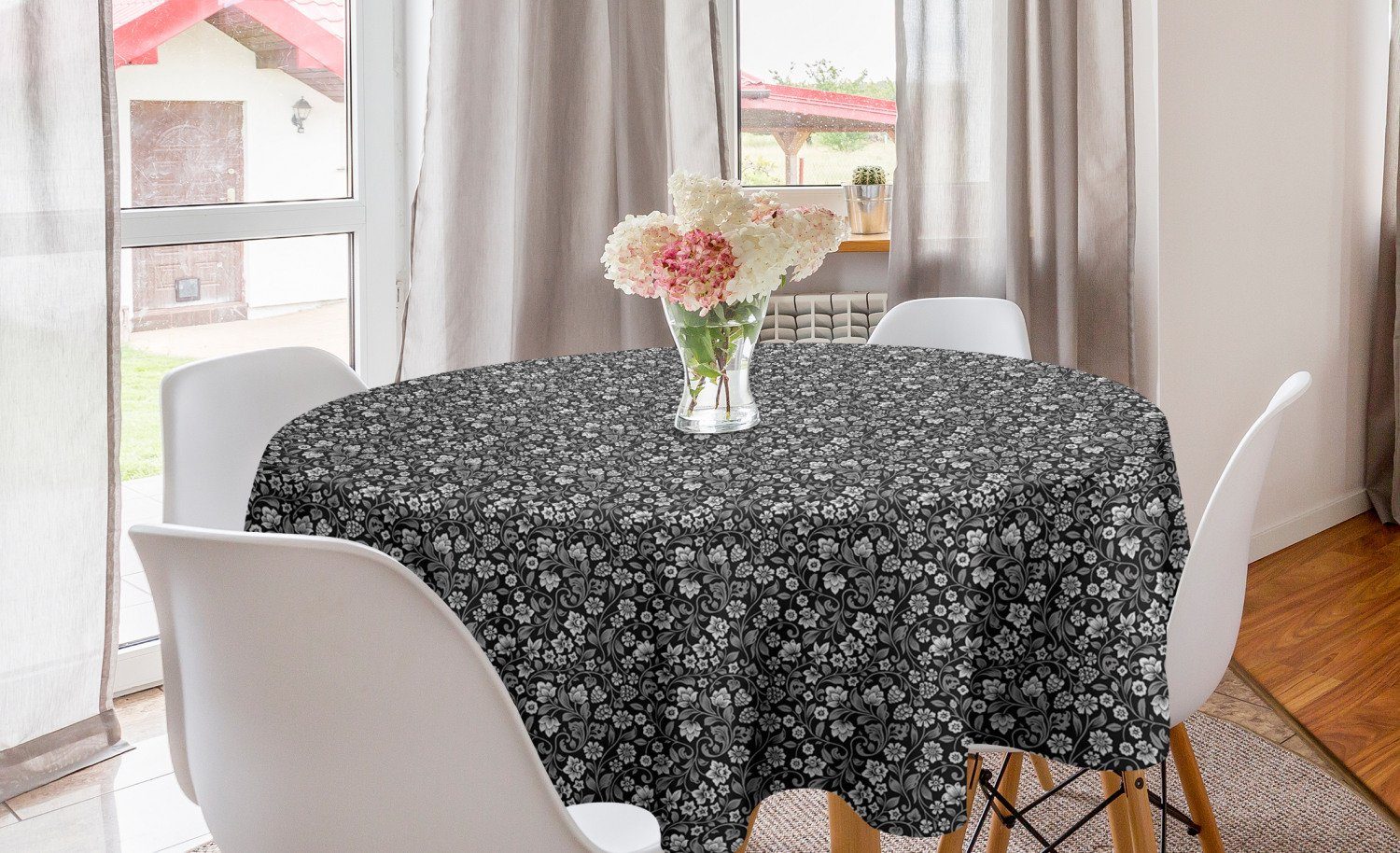 Dekoration, Blumen Esszimmer Beeren Abdeckung und Grau Tischdecke Abakuhaus Tischdecke Kreis mit Küche Schwarz für