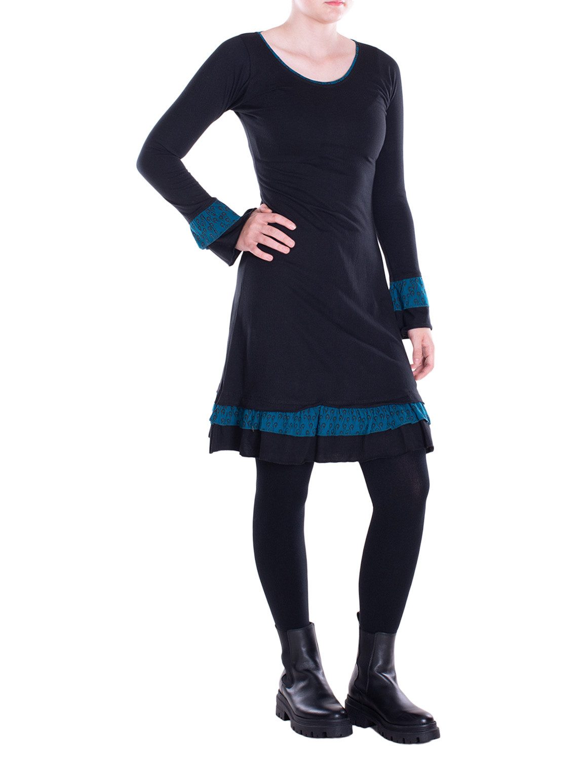 Vishes Midikleid Damen knielang Kleid Baumwolle Blumen-Muster Lagenlook-Design Rüschen Alternative Bekleidung, Ethno, Hippie, Retro Style