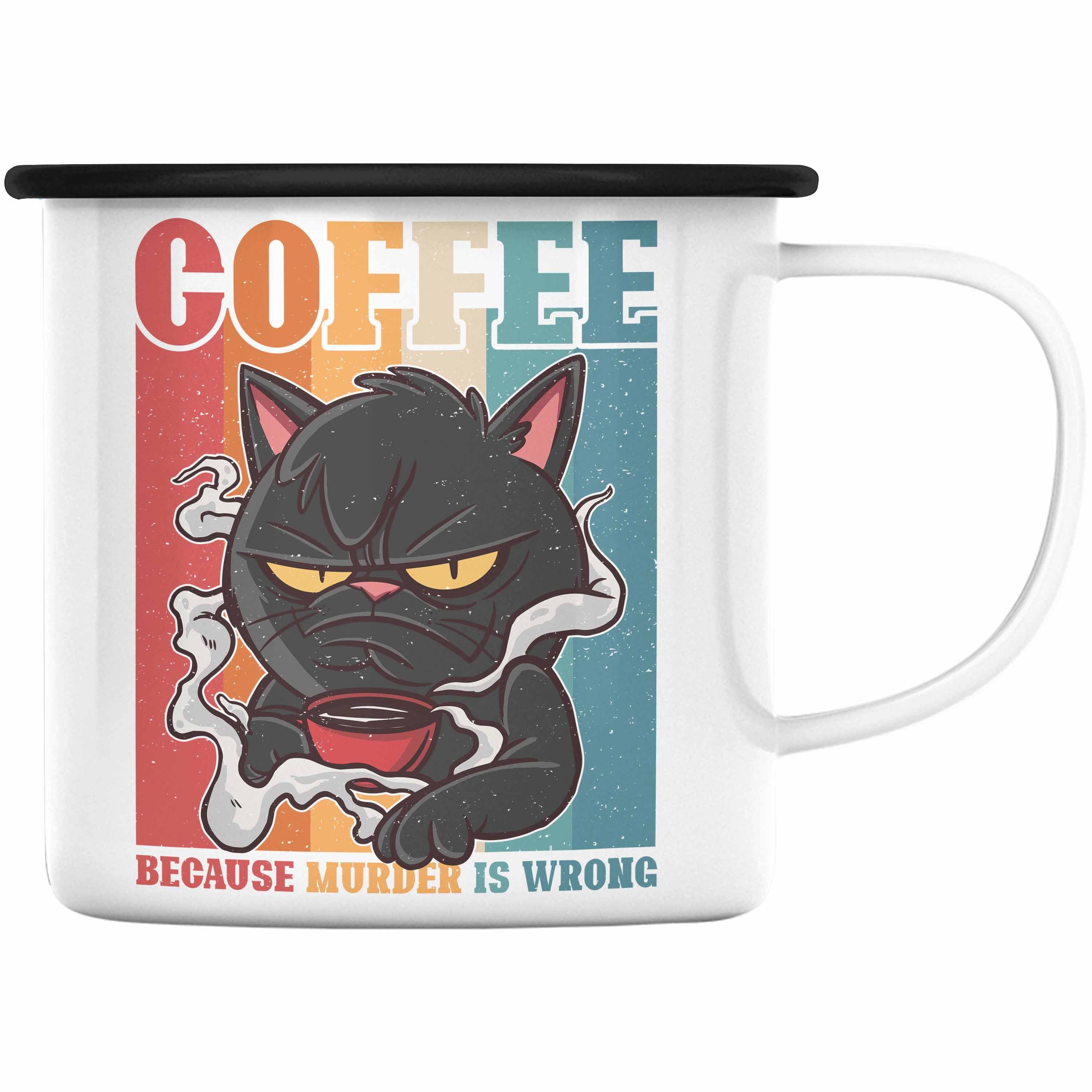 Trendation Thermotasse Trendation - Coffee Because Murder Is Wrong Emaille Tasse Geschenk Katzen Damen Geschenkidee Vintage Sarkasmus Schwarz