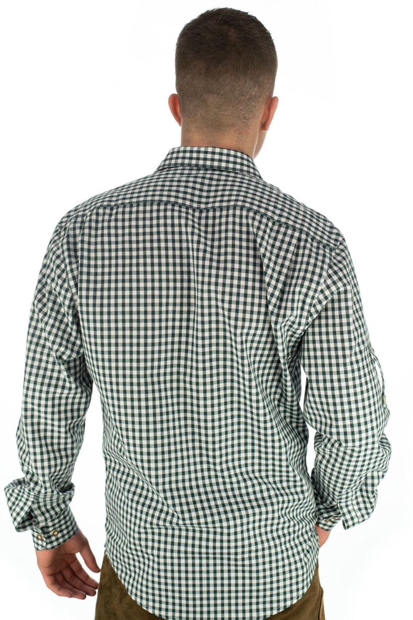 Knopfleiste Langarmhemd OS-Trachten Trachtenhemd auf Edelweiß-Stickerei der mit dunkelgrün Latee