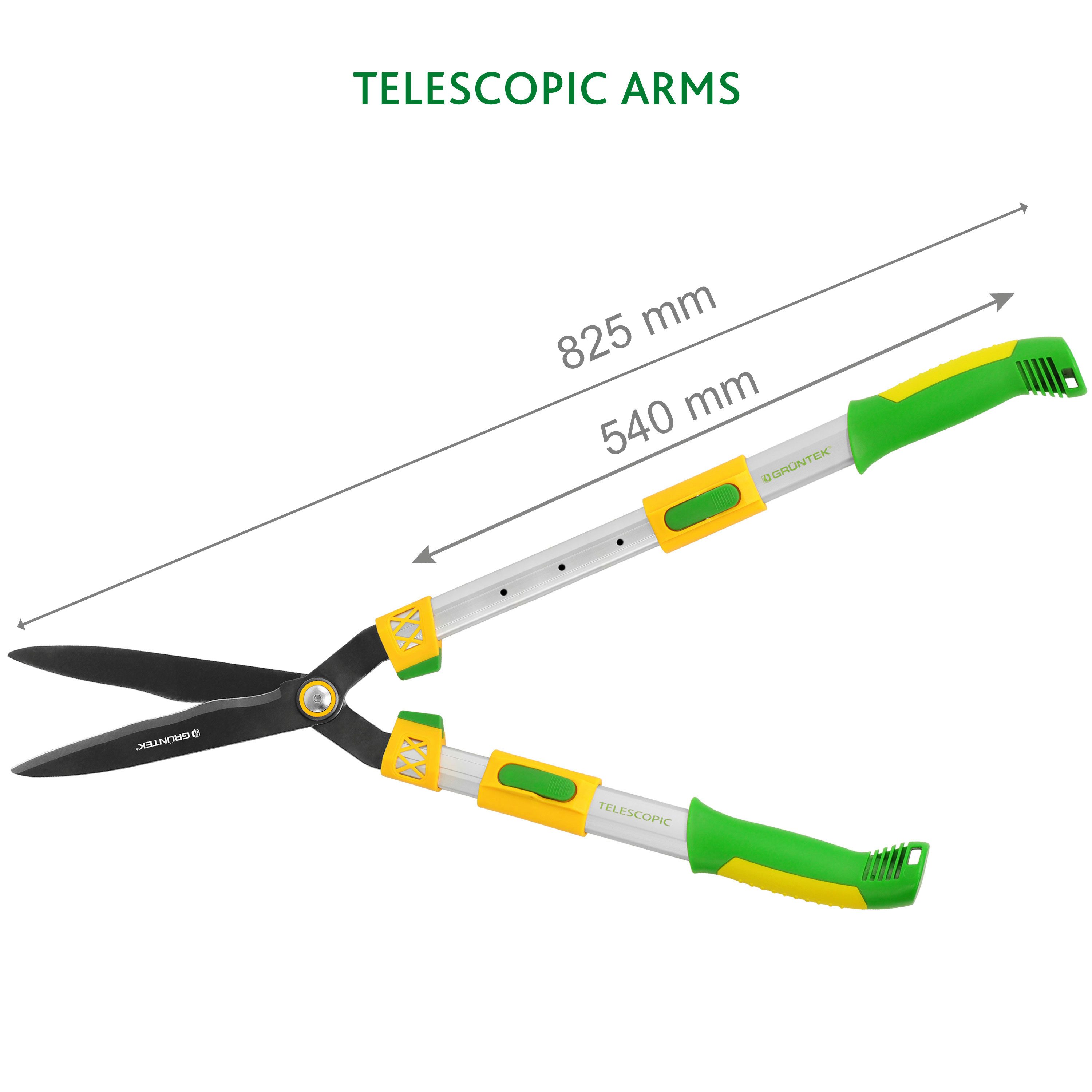 GRÜNTEK Heckenschere Teleskop-Heckenschere Q-32, 680-825mm, Professionelle gehärtete Klinge, 240 x 65 mm, 4-Fach verstellbare Alu-Griffe