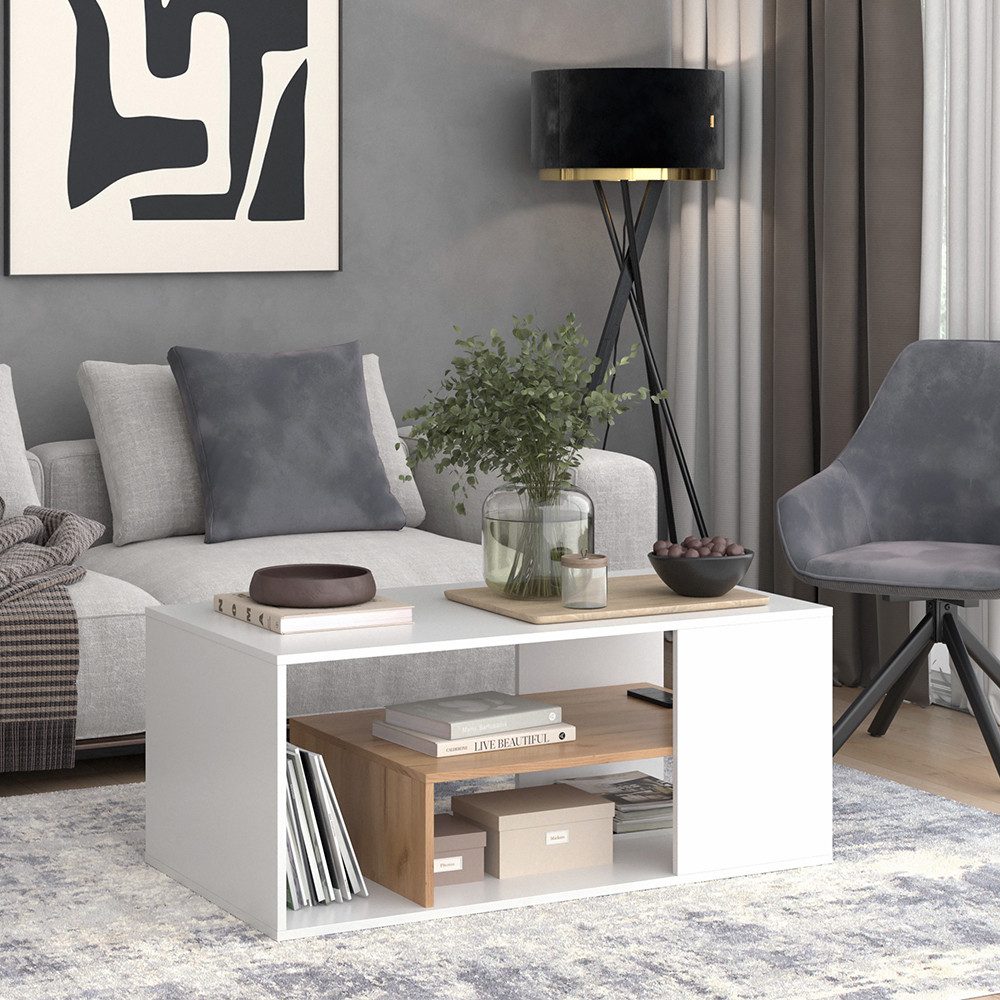 Vicco Couchtisch Edgar, Weiß/Goldkraft Eiche, 110 x 59 cm (1-St)