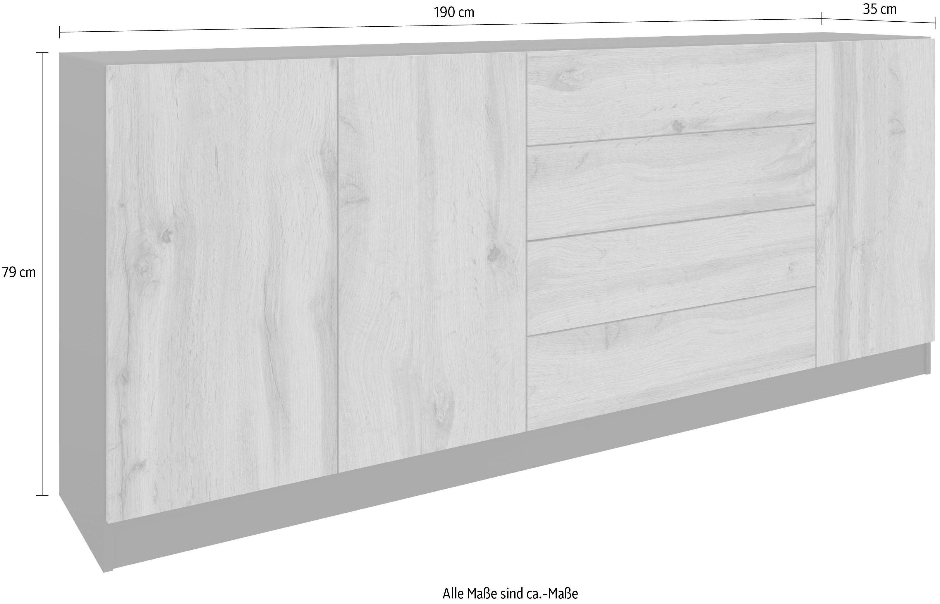 borchardt Möbel Sideboard Vaasa, Kommode mit 3 Türen und 4 Schubkästen auf Kugelführungen, Breite 190 cm