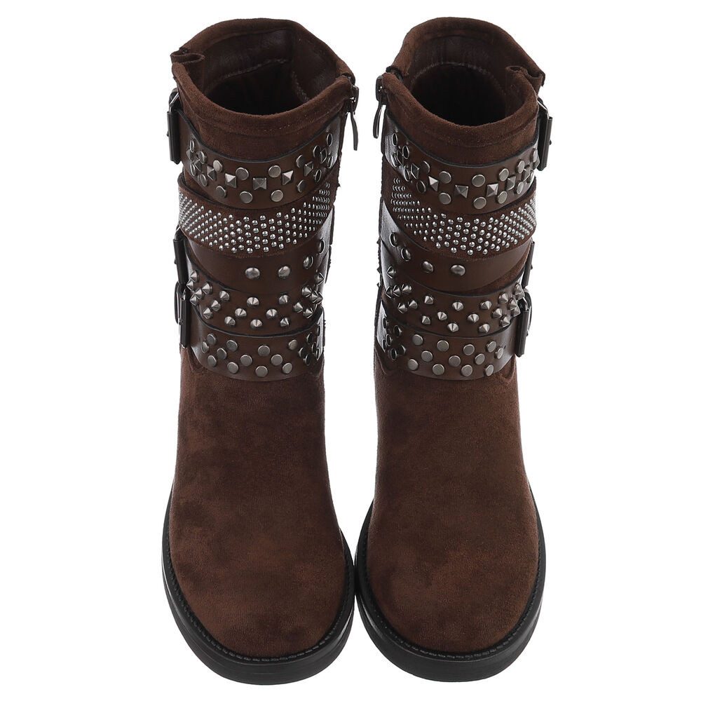 Ital-Design Rebellische Damen Boots mit Nieten und Riemen Stiefelette (90726809) Blockabsatz Western- & Bikerboots in Braun