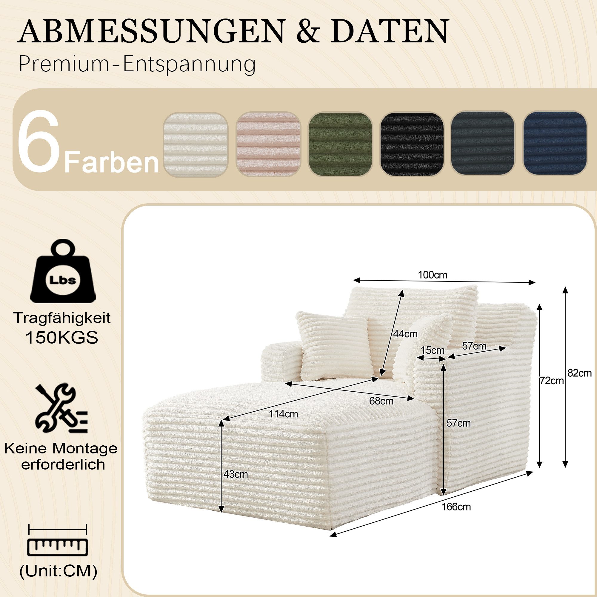 GLP Chaiselongue Bodensofa mit Schlaffunktion, Cord Chaiselongue Relaxsessel Schlafsofa ohne Montage
