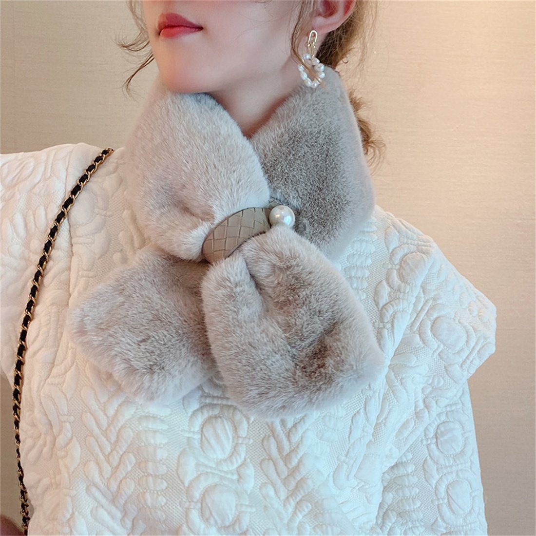 DÖRÖY Modeschal Women's Pearl Cross Plüsch Schal, Winter Thickened Warm Faux Fur Schal khaki