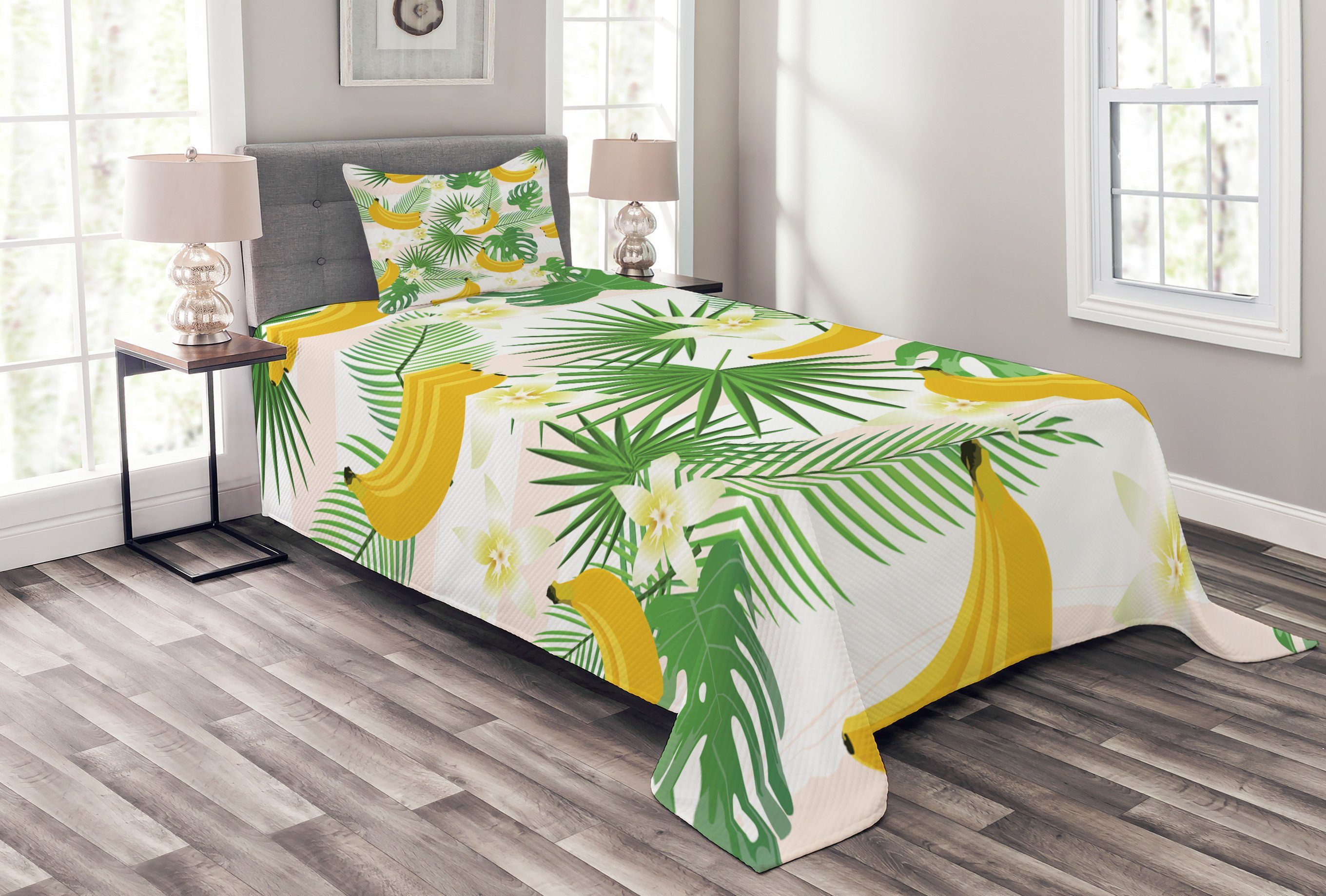 Tagesdecke Set mit Kissenbezügen Waschbar, Abakuhaus, Exotisch Bananen und tropische Pflanzen | Tagesdecken