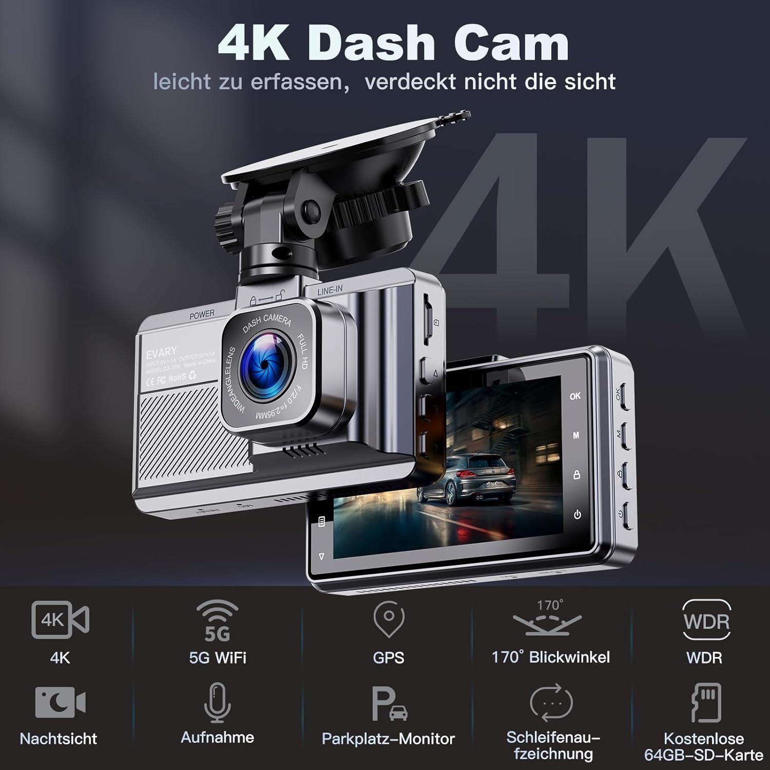 Evary Auto 4K vorne hinten mit GPS WLAN Rückfahrkamera App Dashcam (4K UHD, Wi-Fi 5 GHz, 1x Dashcam vorne, 1x Dashcam hinten, 64 GB SD-Karte inklusive, G-Sensor, GPS-Tracking, Wi-Fi 5 GHz, Front- und Heckkamera)