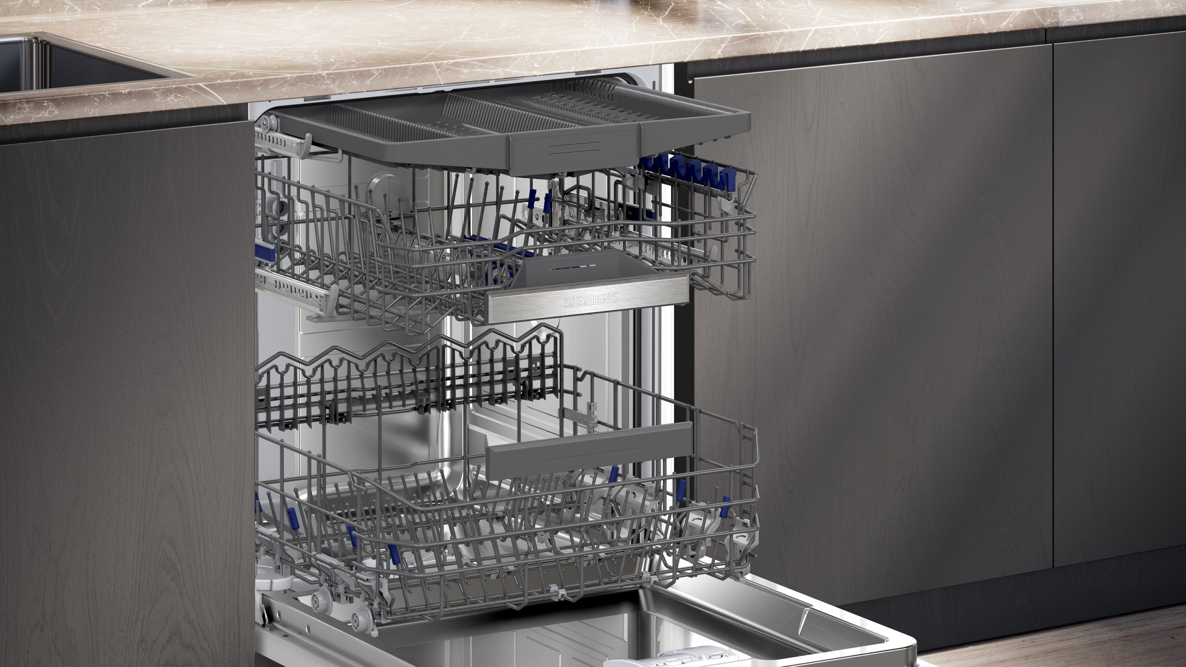 SIEMENS vollintegrierbarer Geschirrspüler iQ500 SX95EX16CE, 14 Maßgedecke, VarioScharnier und glassZone für empfindliche Gläser – Bild 3 von 5