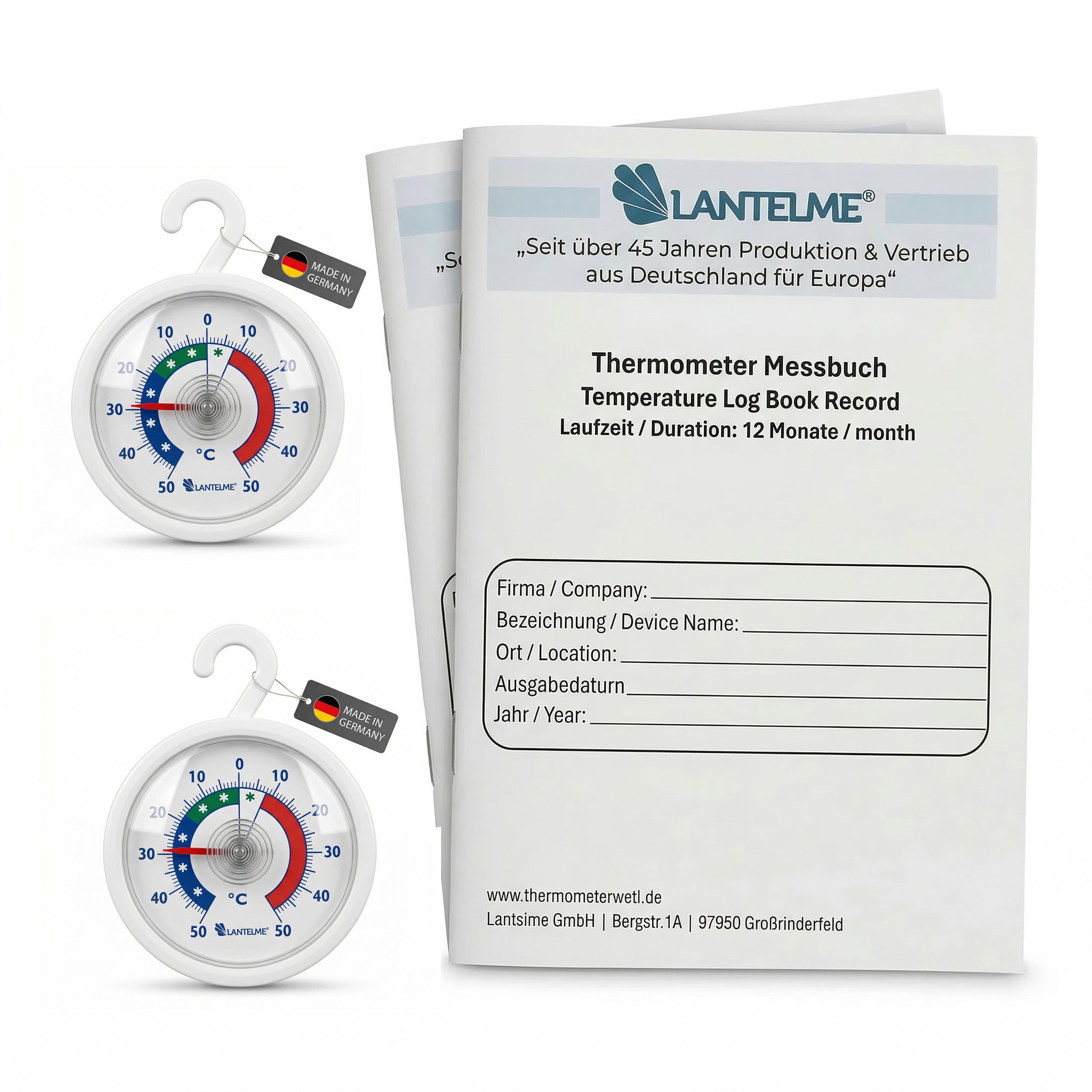 Lantelme Kühlschrankthermometer je 2 Stück Set mit Protokollheft Kühltheke Thermometer und Messbuch, Temperatur Messwerte 3 täglich über 12 Monate für Dokumentieren, Kühlschrank Gefrierschrank Kühltheke Temperaturen geeignet