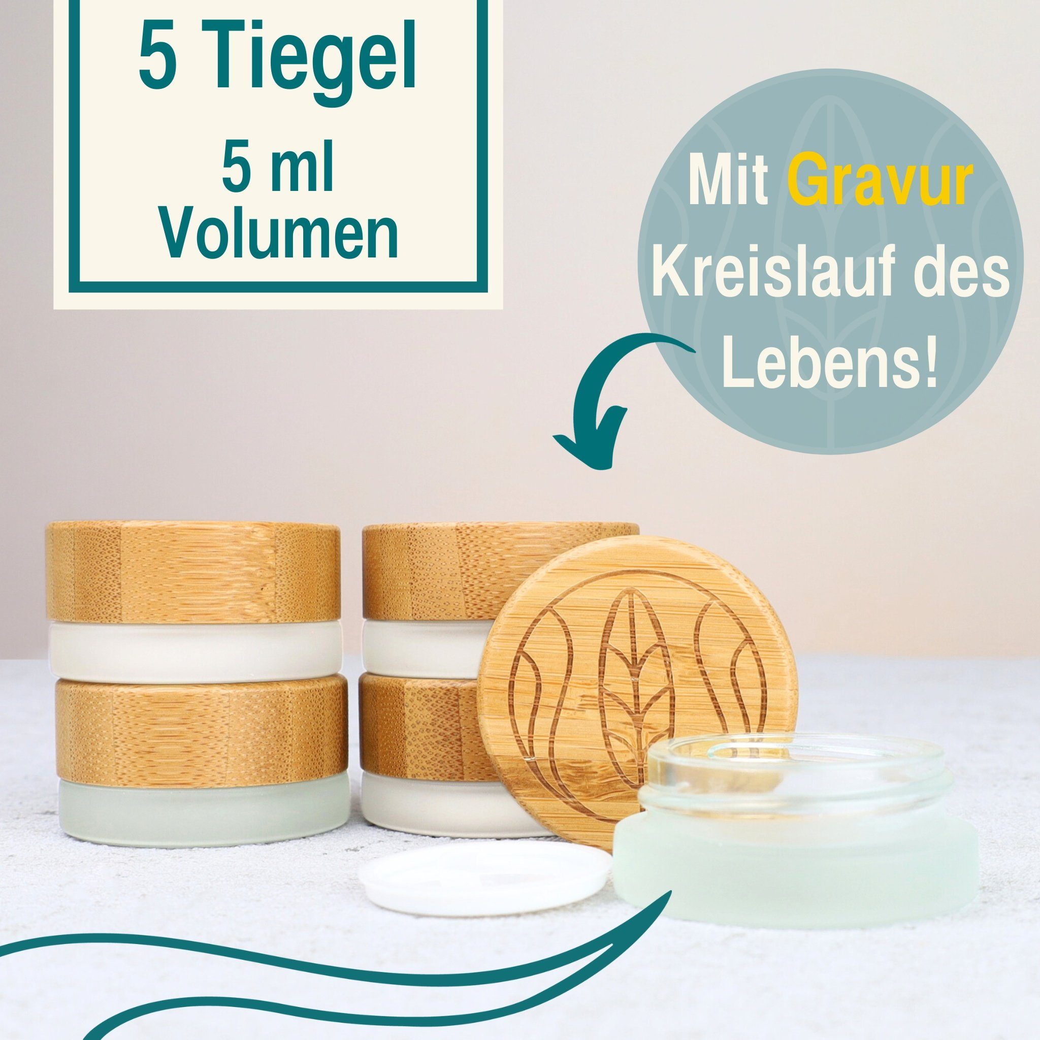 Wachsmann Bienenprodukte Aufbewahrungsdose Hochwertige Glastiegel für DIY-Kosmetik, Im Frosted Look, mit graviertem Bambus Deckel