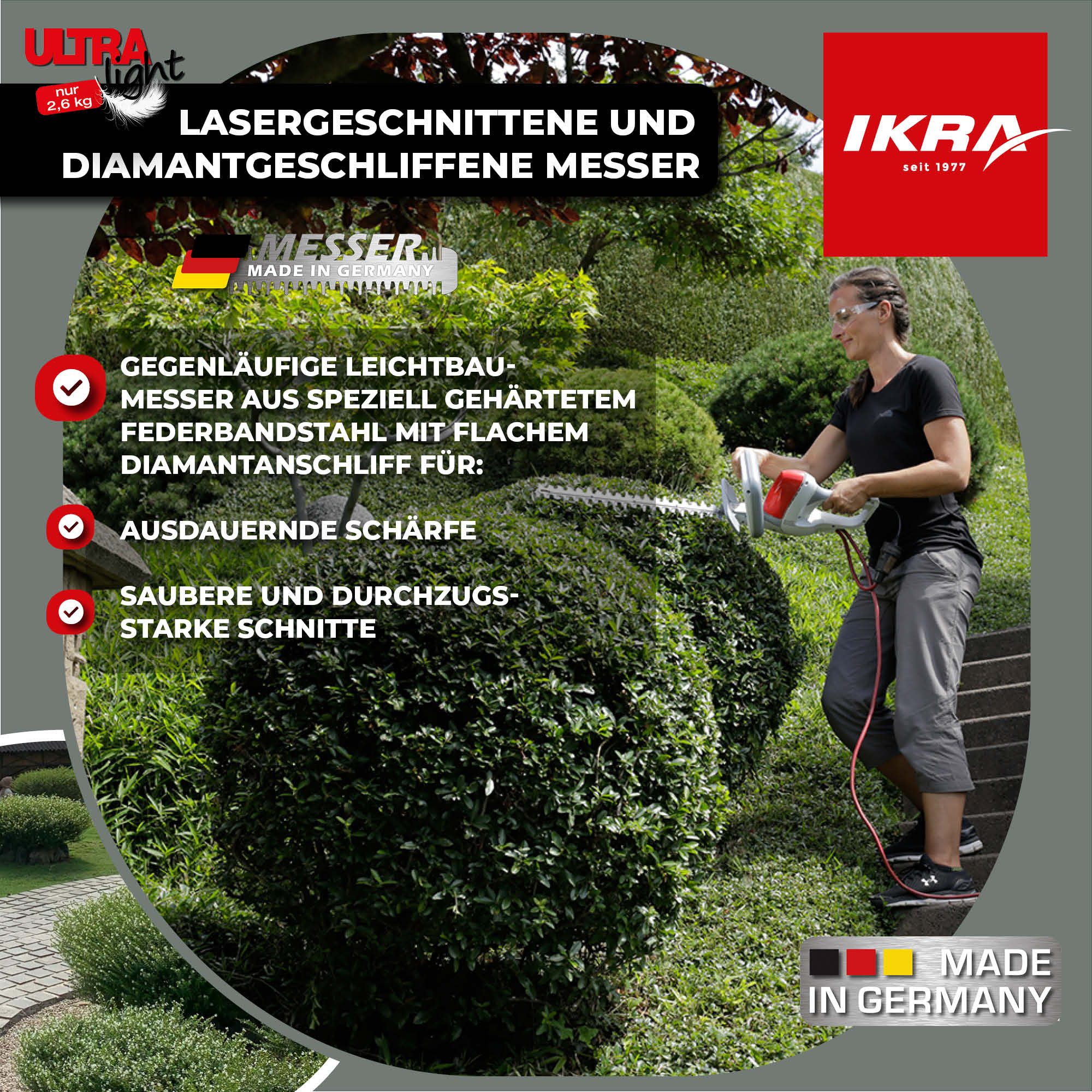 ikra GmbH Elektro-Heckenschere FHS 1555, Made in Germany- patentierte Ultralight-Leichtbau-Getriebe