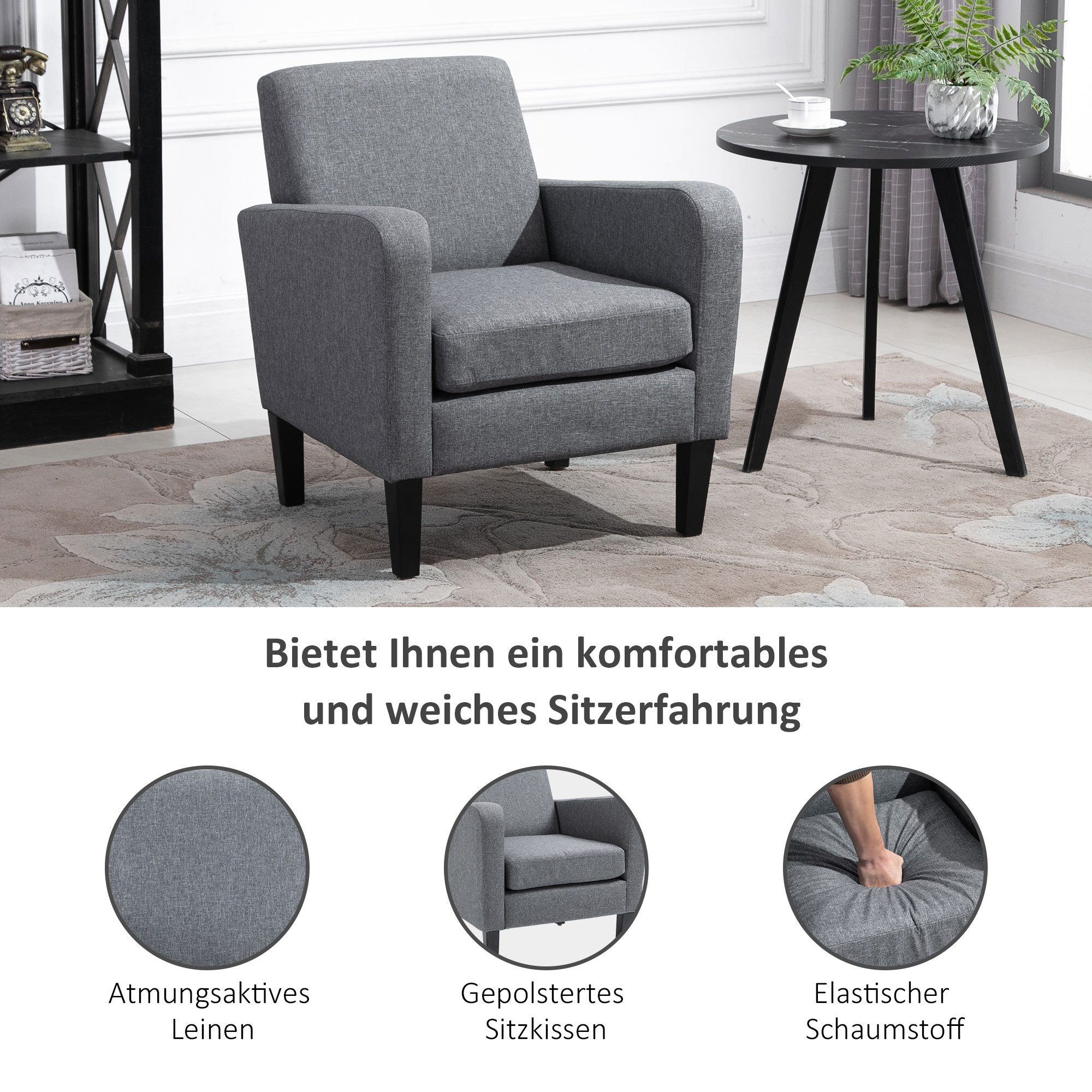HOMCOM Sessel Loungesessel mit Armlehnen, Relaxsessel mit Kissen (Polstersessel, 1-St., Einzelsessel), Leinenstoff Hellgrau 66 x 72 x 74 cm – Bild 5 von 5