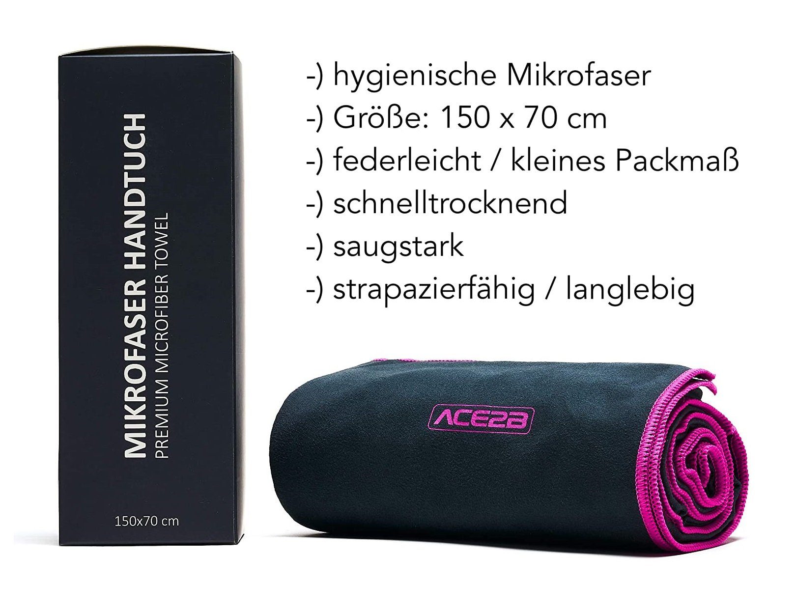 ACE2B Sporthandtuch ace2b Fitness Handtuch Mikrofaser schnelltrocknend 150cm x 70cm Pink