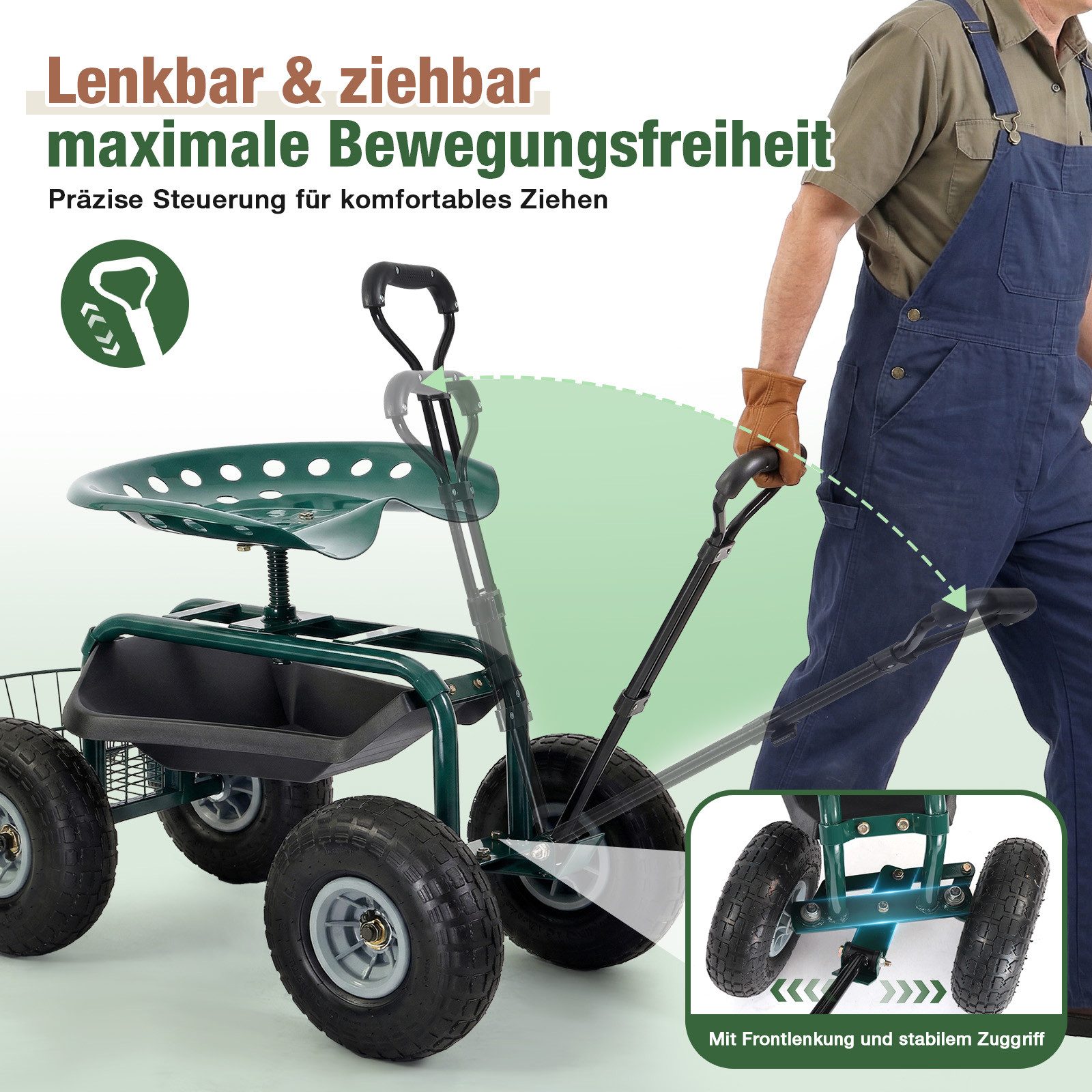 Sekey Kniebank Rollsitz Garten 360° drehbar mit Luftreifen Gartensitz Erntehilfe, Bis 180kg belastbar Gartenhocker mit Griff Ablage für Gewächshaus