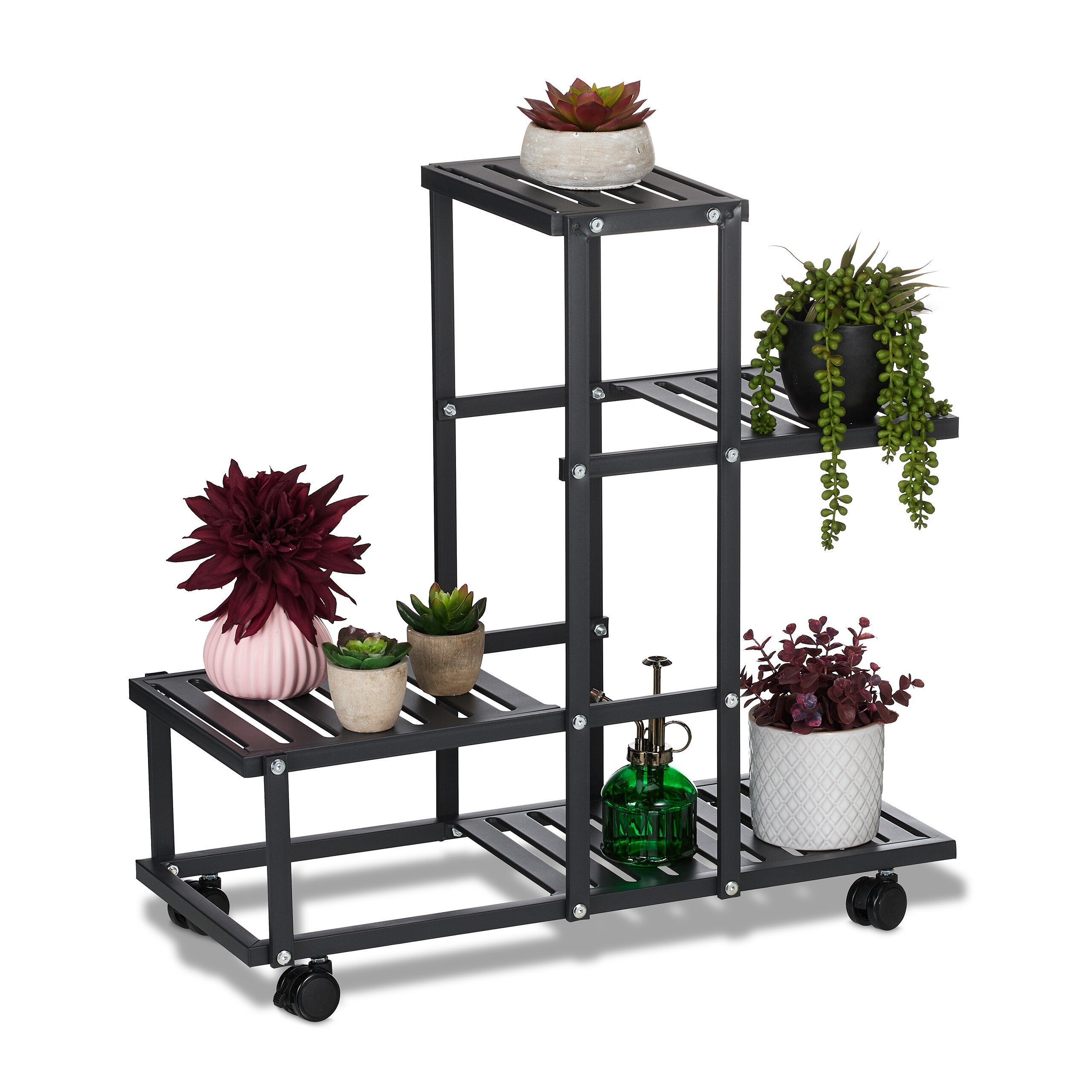 relaxdays Pflanzentreppe Schwarzer Blumenständer mit Rollen günstig online kaufen