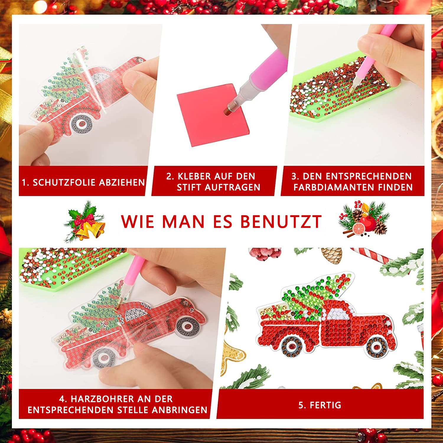 FOUORTUNATE-BEE Schlüsselanhänger 12er-Set Diamond Painting Weihnachten Schlüsselanhänger (DIY-Set, Weihnachts-Schlüsselanhänger, 12-tlg) – Bild 5 von 5