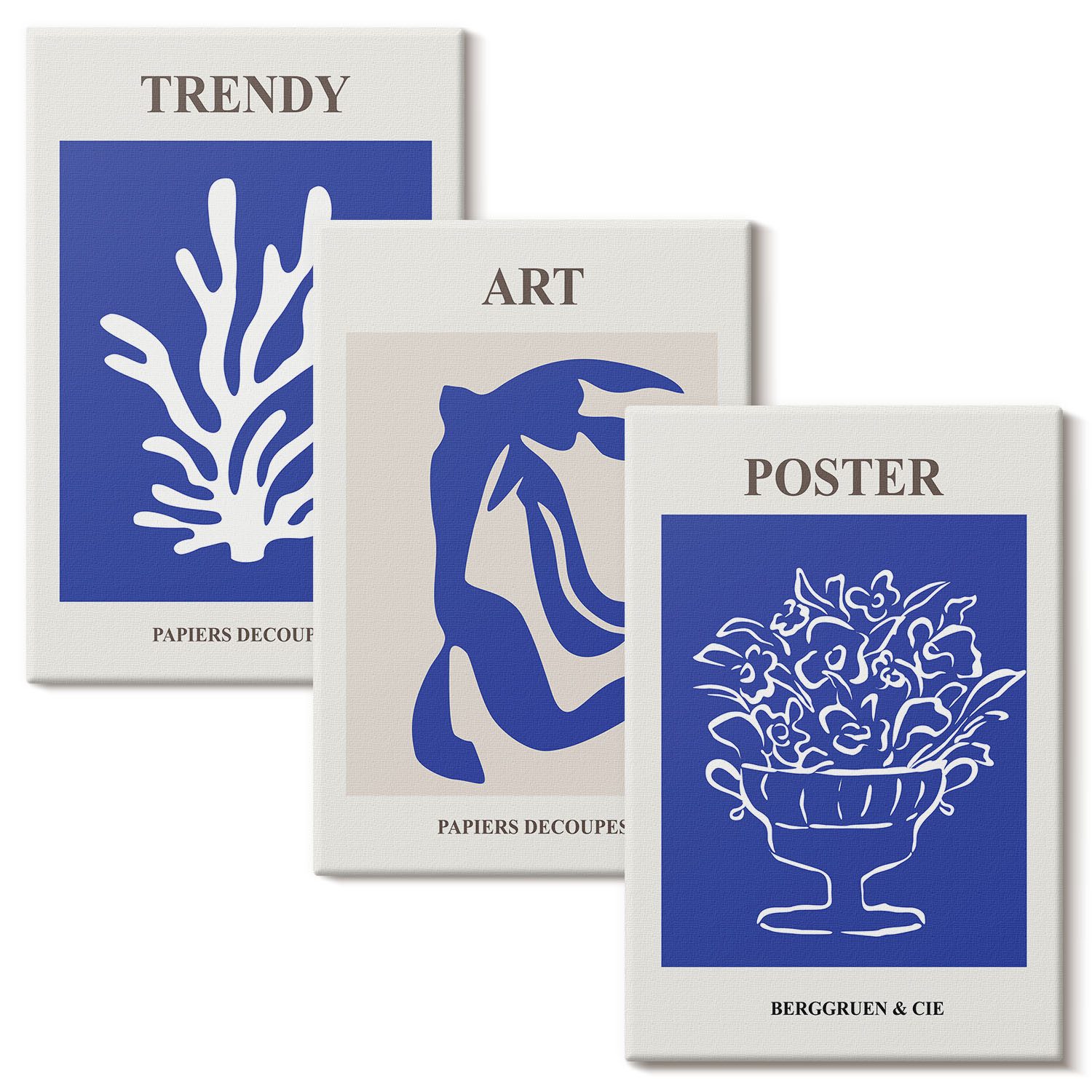 Tulup Mehrteilige Bilder Bilder-Collage 3 Canvas Set Wandbilder Blau, (3 St), Matisses abstrakte Poster, Kunst Motiv